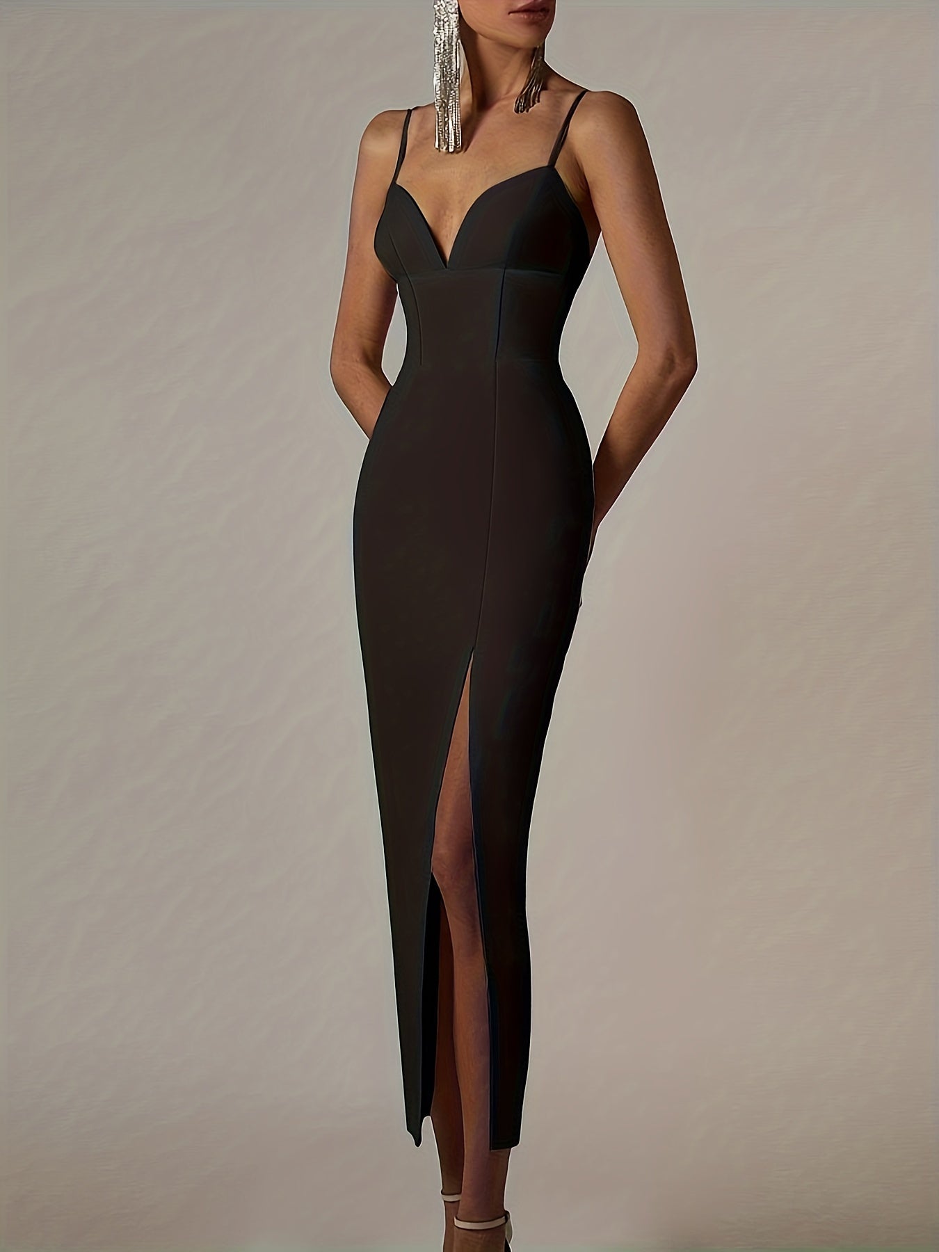 Split Solid Cami Dress, Sexy Spaghetti Strap Sleeveless Party Dress, Women's Clothing