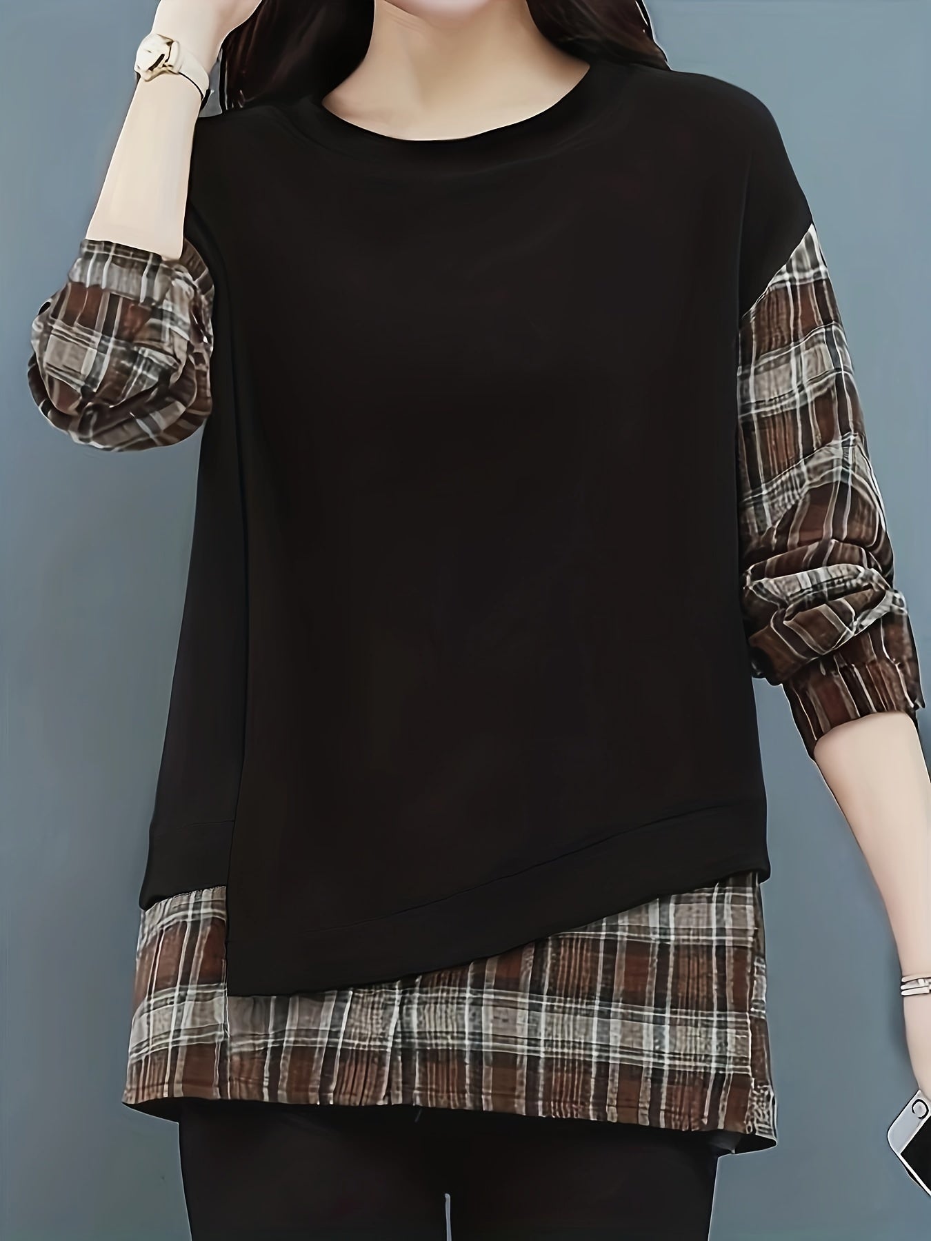 vlovelaw Long Sleeve Plaid Pullover, Crew Neck Casual Top For Spring & Fall, Women's Clothing