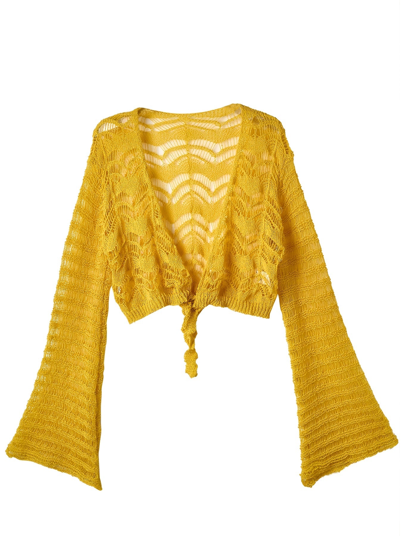 vlovelaw vlovelaw Crochet Cropped Knit Cardigan, Boho Flared Sleeve Solid Sweater, Women's Clothing