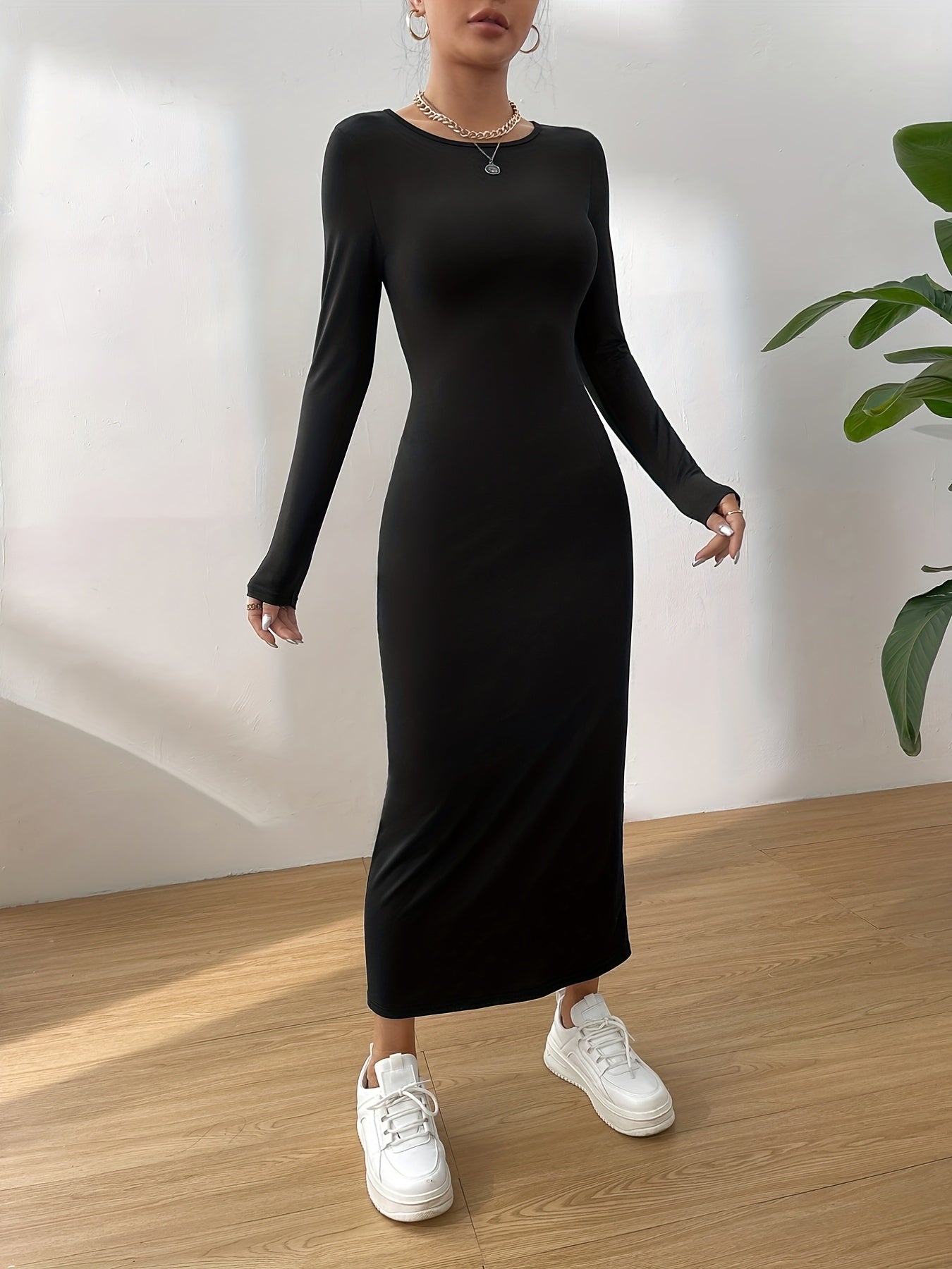 Solid Crew Neck Slim Dress, Elegant Long Sleeve Midi Dress, Women's Clothing