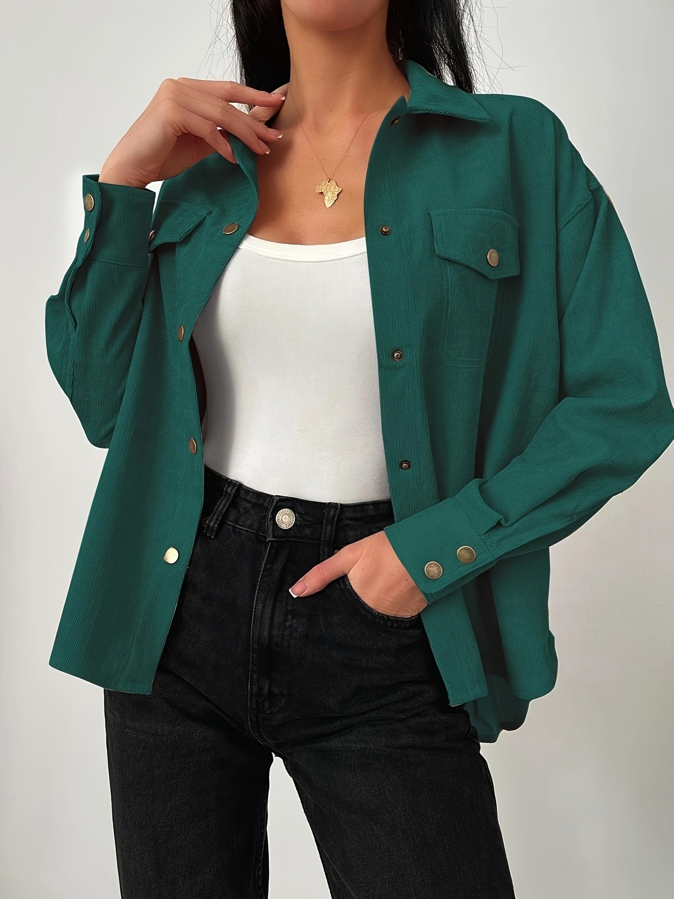 Solid Fake Flap Pockets Jacket, Vintage Single Breasted Long Sleeve Outwear, Women's Clothing