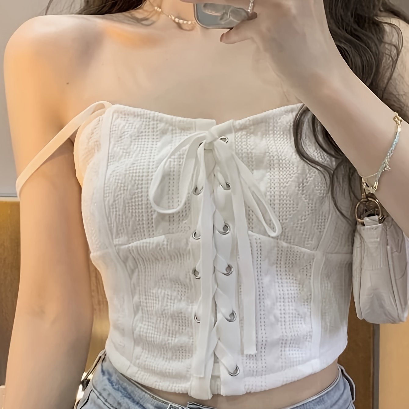 vlovelaw Lace Up Crop Cami Top, Chic Sleeveless Strap Top For Summer, Women's Clothing