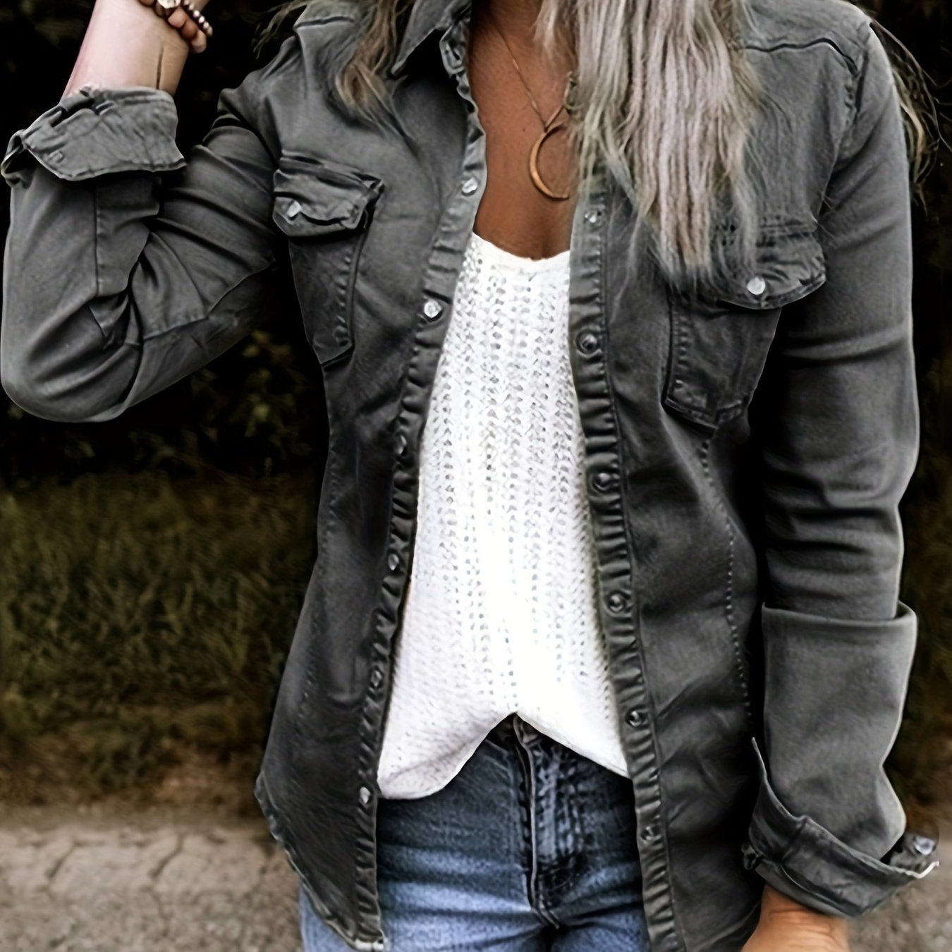 Long Sleeves Lapel Denim Shirts, Flap Pockets Single-Breasted Button Solid Color Denim Jackets, Women's Denim Clothing