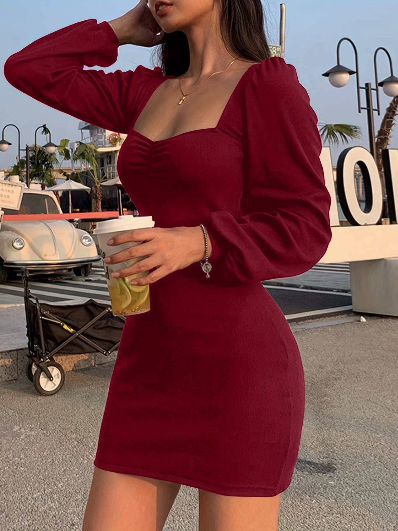 vlovelaw Squared Neck Lantern Sleeve Dress, Casual Solid Bodycon Bag Hip Dress, Women's Clothing