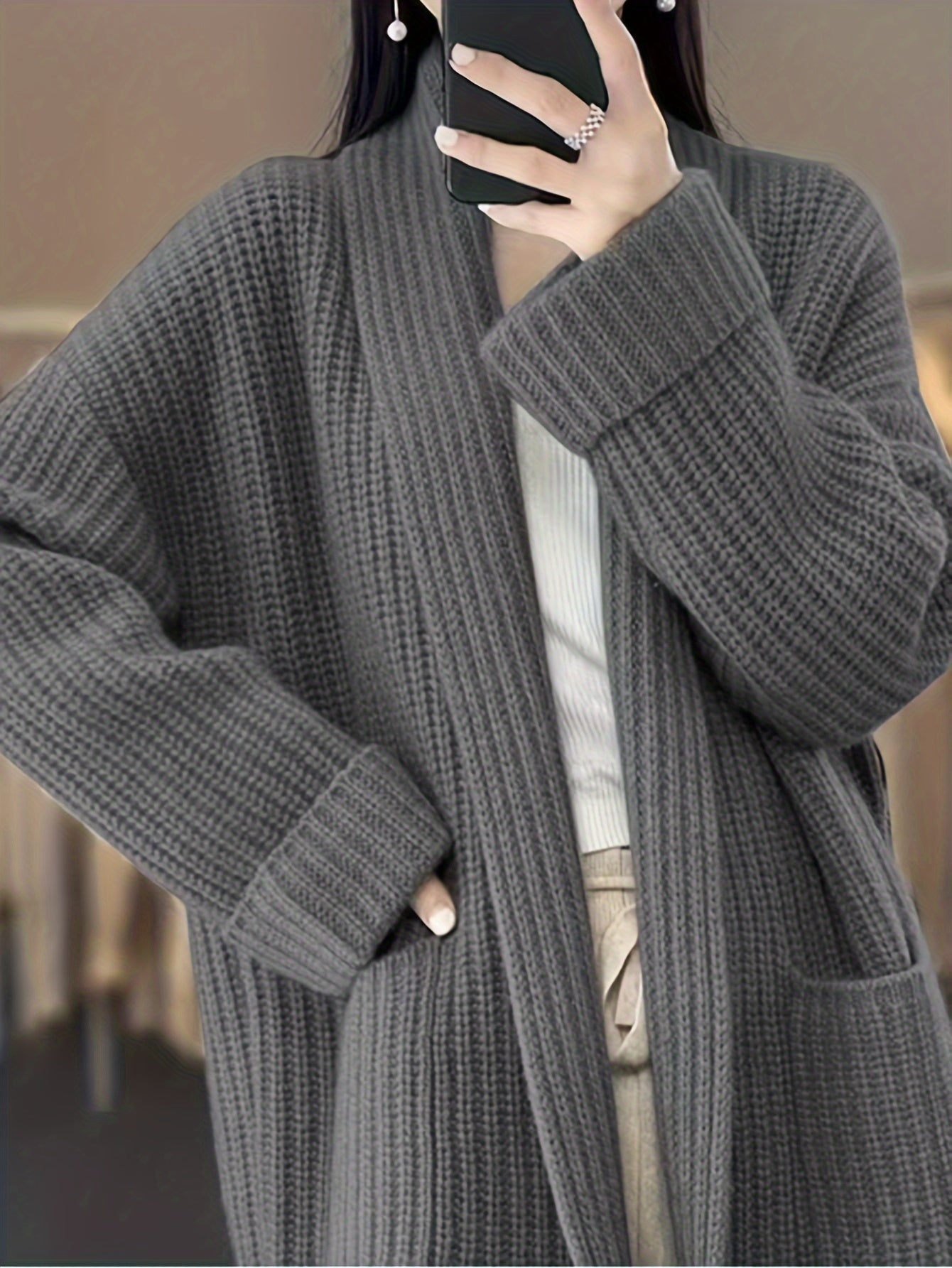 vlovelaw Solid Open Front Knit Cardigan, Casual Long Sleeve Oversized Sweater Coat With Pocket, Women's Clothing