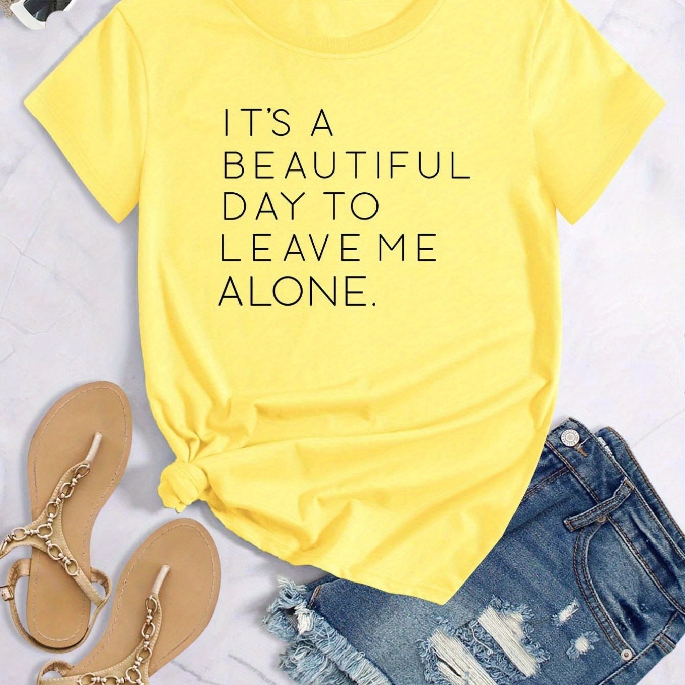 vlovelaw Casual Leave Me Alone Print Crew Neck T-shirt, Loose Short Sleeve Fashion Summer T-Shirts Tops, Women's Clothing