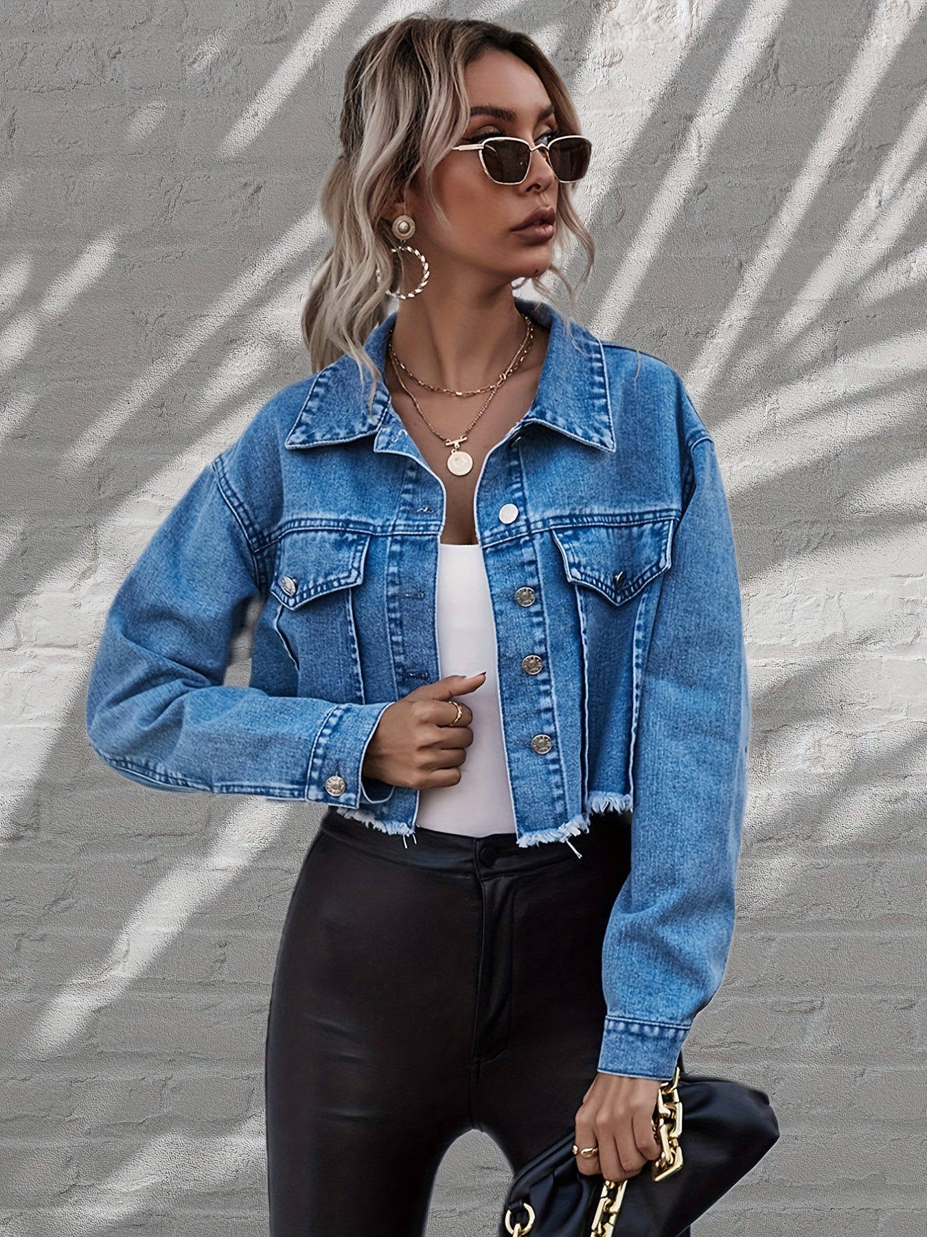 vlovelaw  Blue Raw Hem Denim Jackets, Long Sleeves Slight Stretch Lapel Denim Coats, Women's Denim Clothing