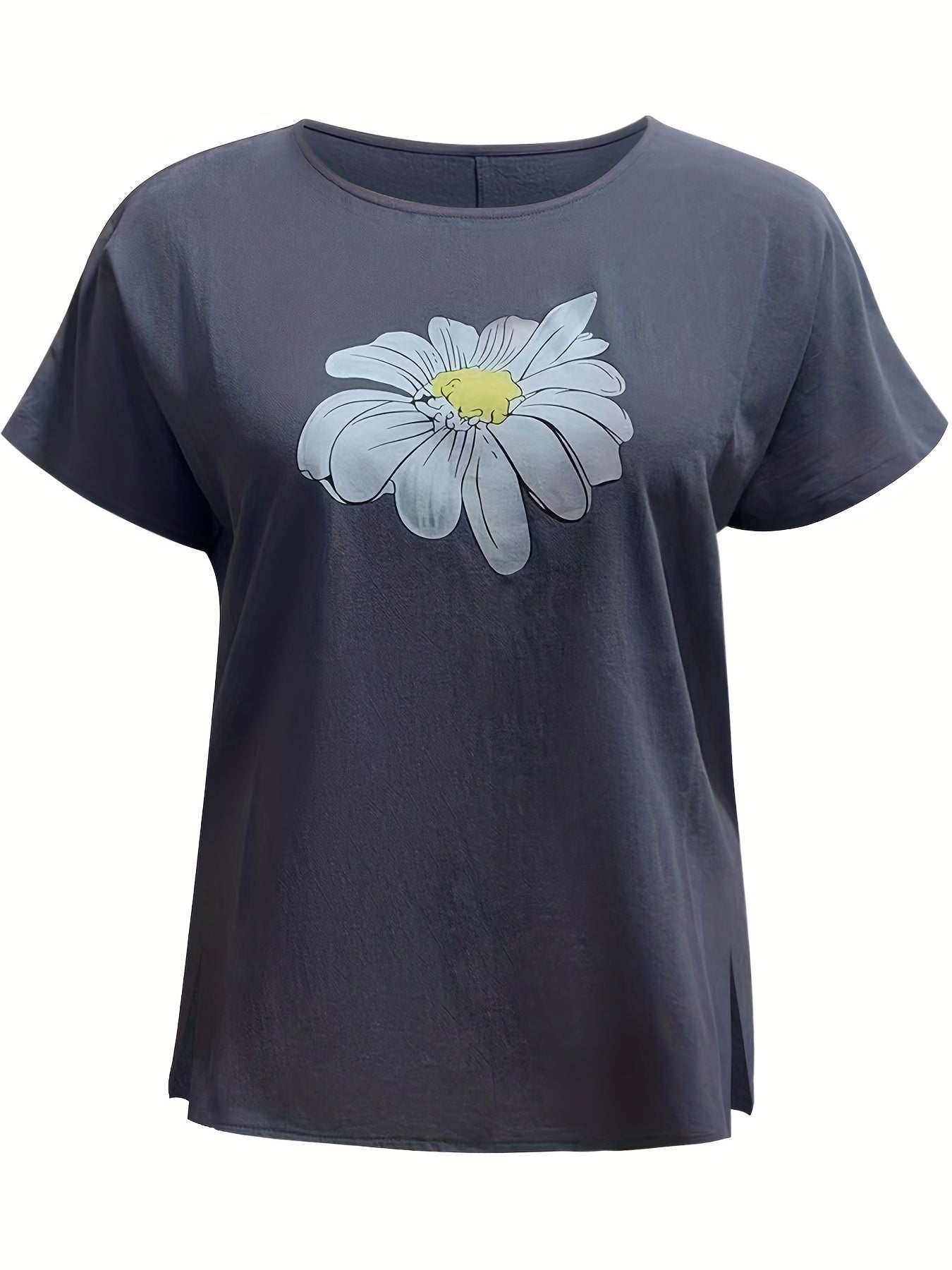 Plus Size Casual Top, Women's Plus Flower Print Short Sleeve Round Neck T-shirt