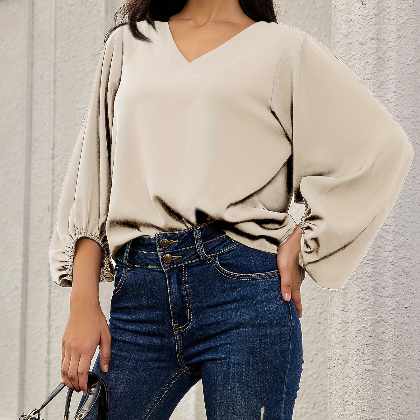 Solid V Neck Blouse, Elegant Lantern Sleeve Blouse For Spring & Fall, Women's Clothing
