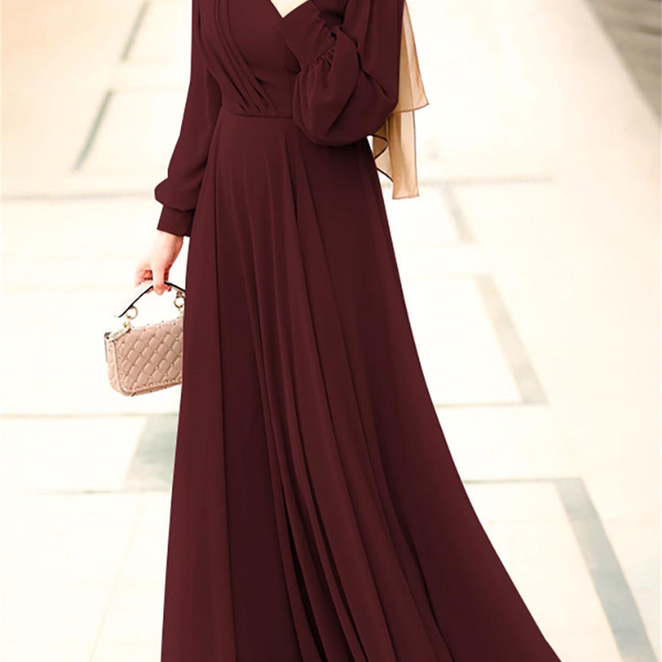 Plus Size Solid Pattern Maxi Kaftan Dress, Elegant Crew Neck Long Sleeve Dress, Women's Plus Size Clothing