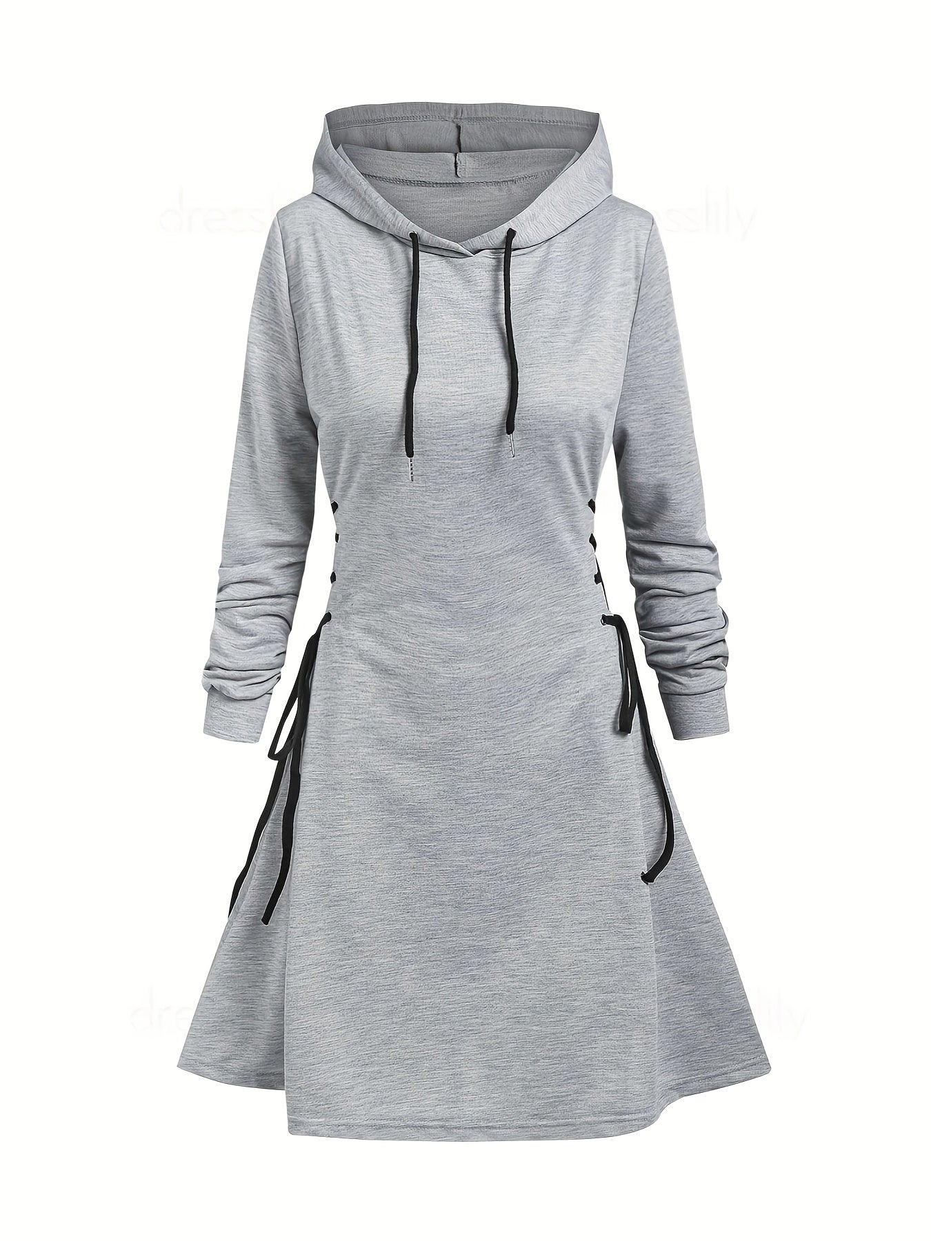 vlovelaw Drawstring Lace Up Hooded Dress, Casual Long Sleeve Solid Dress, Women's Clothing