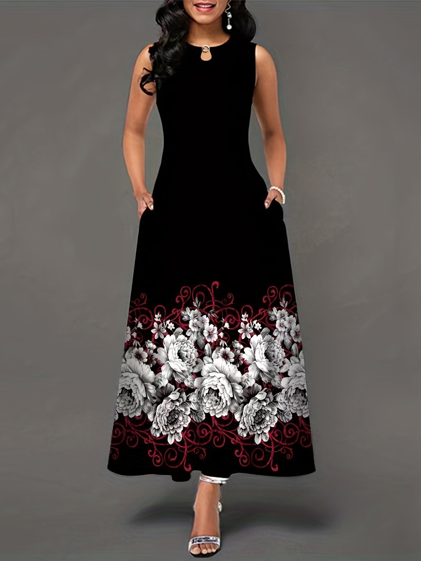 Floral Print Ring Linked Dress, Casual Crew Neck Dual Pockets Tank Dress, Women's Clothing