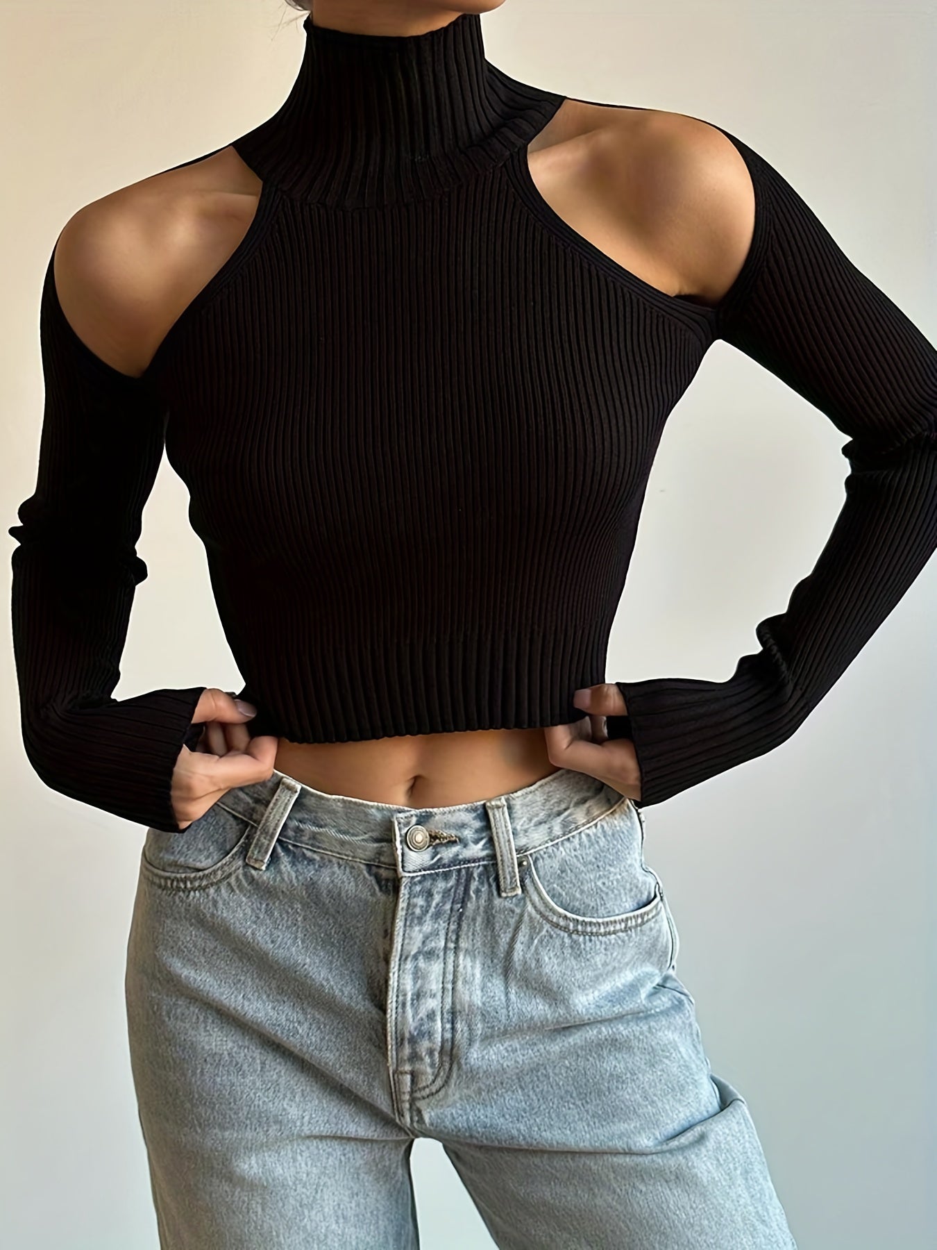 vlovelaw Cold Shoulder Mock Neck Knitted Sweater, Casual Solid Long Sleeve Sweater, Women's Clothing