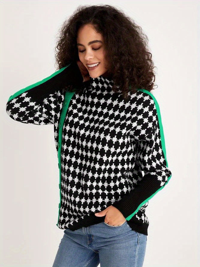 Allover Pattern Turtle Neck Pullover Sweater, Casual Button Decor Long Sleeve Loose Sweater, Women's Clothing