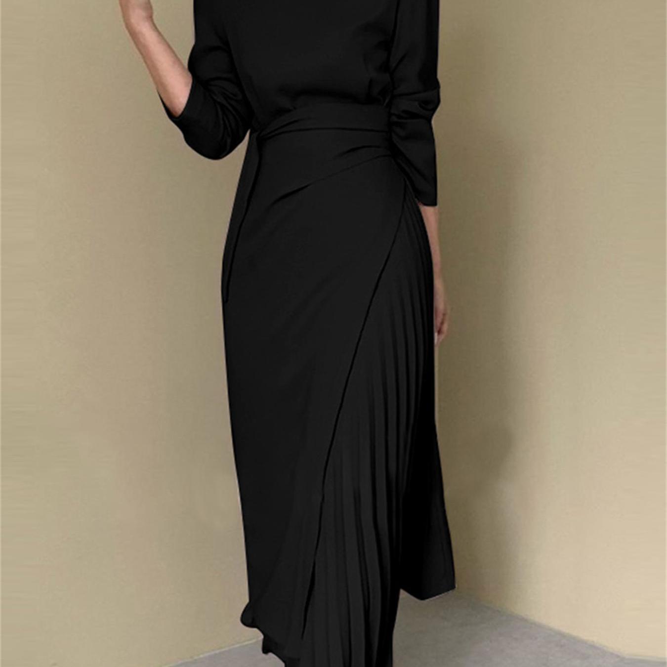 vlovelaw Solid Color Boat Neck Dress, Elegant Long Sleeve Dress For Spring & Fall, Women's Clothing