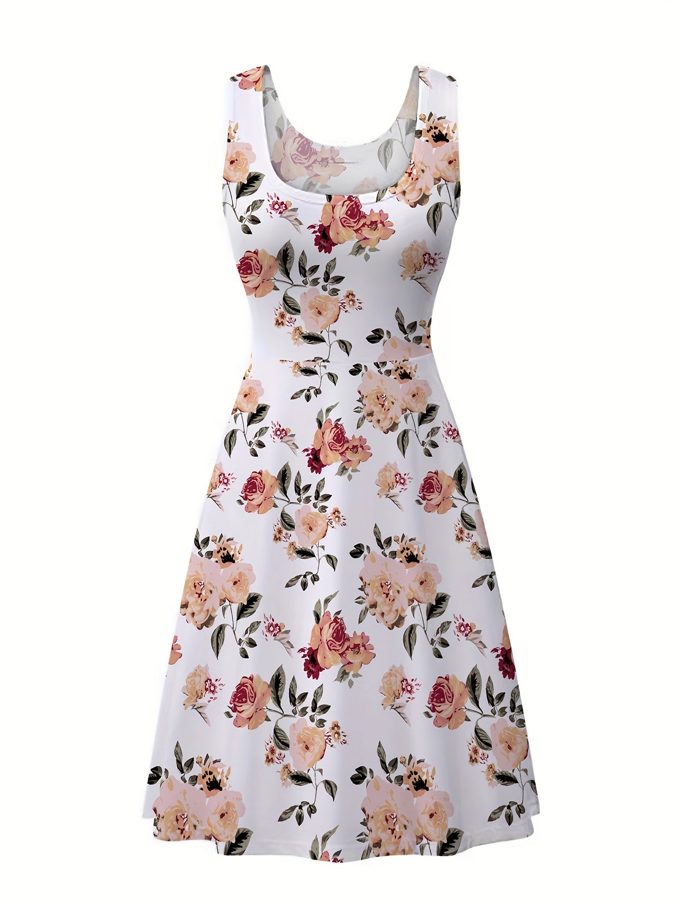 vlovelaw Plus Size Elegant Dress, Women's Plus Floral Print Round Neck Medium Stretch Tank Dress