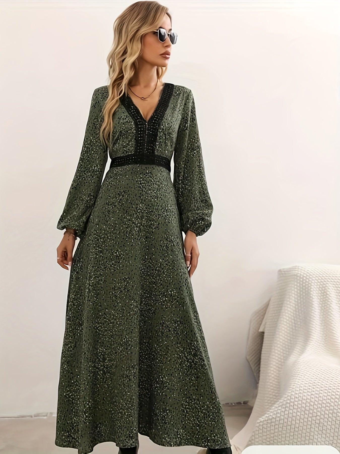 Color Block Allover Print V-neck Dress, Lantern Long Sleeve Elegant Dress, Women's Clothing