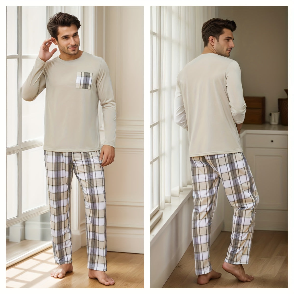 2 Pcs Men's Simple Plaid Pocket Round Neck Long Sleeve & Plaid Trousers Pajama Set, Comfortable & Skin-friendly Style Pajamas For Men's Cozy Loungewear