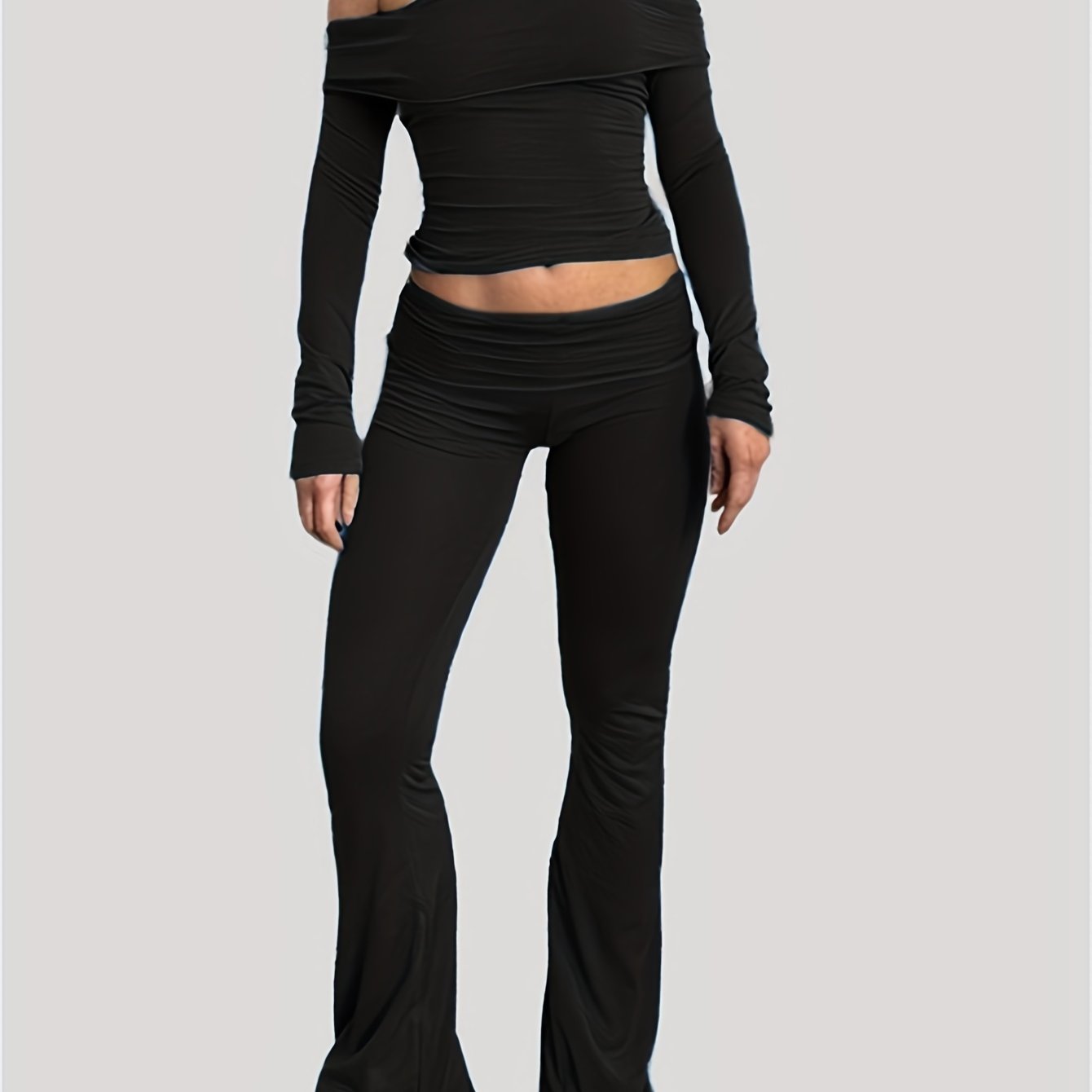 vlovelaw Solid Color Spring Casual Two-piece Set, Off Shoulder Long Sleeve Top & Pants Outfits, Women's Clothing