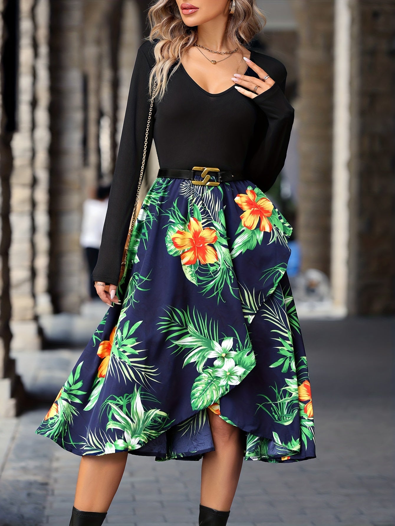 Plant Print Splicing Dress, Elegant V Neck Long Sleeve Dress, Women's Clothing