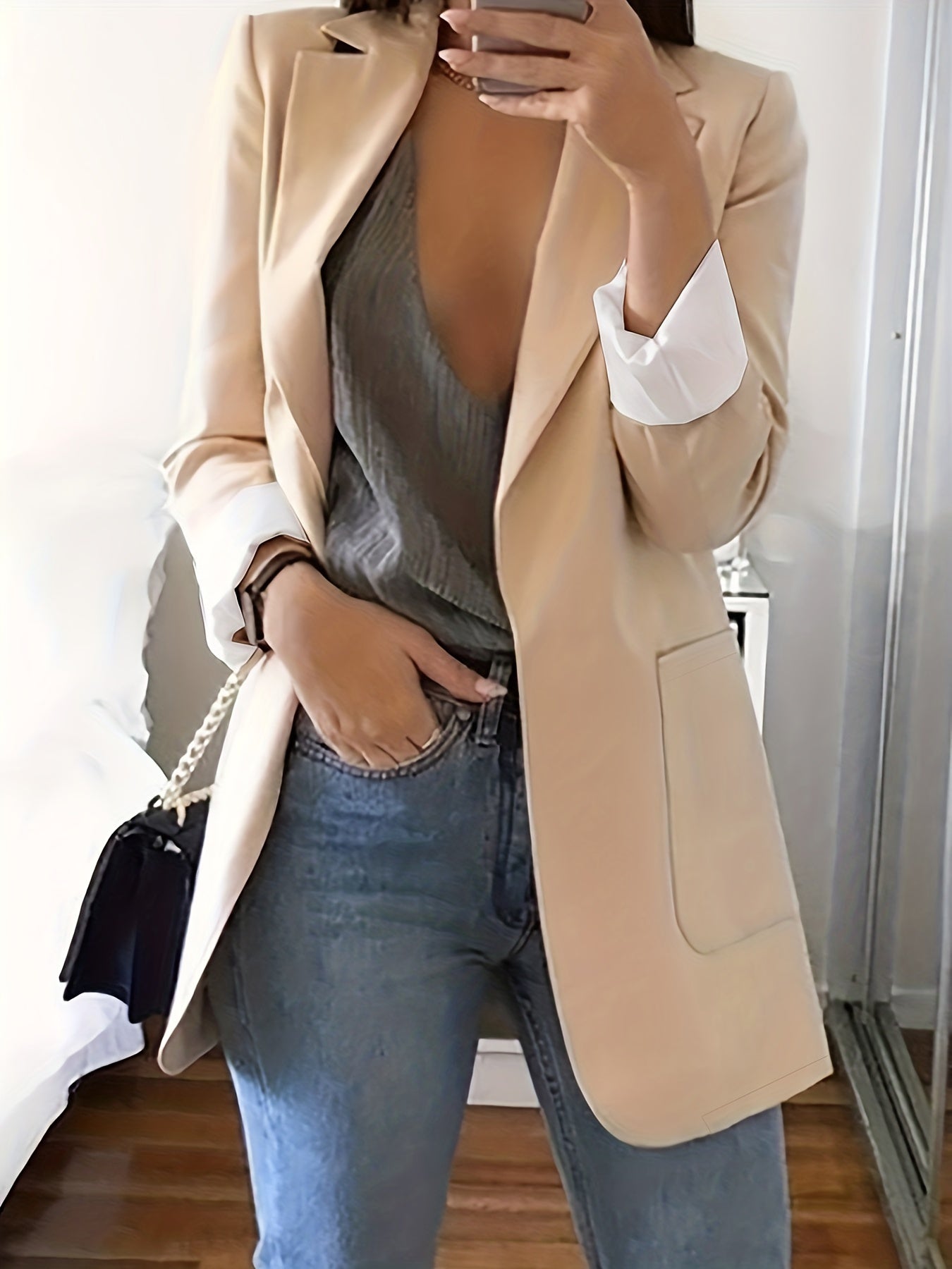Solid Lapel Blazer, Casual Long Sleeve Open Front Work Office Outerwear, Women's Clothing