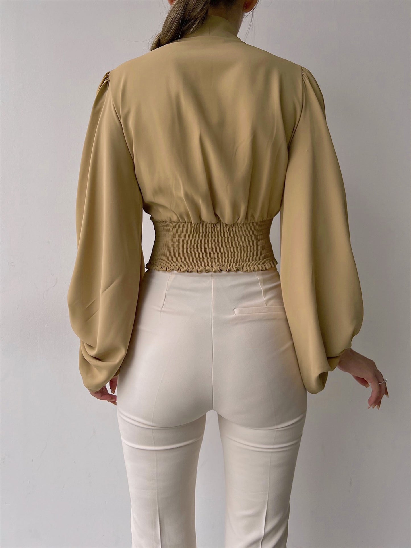 vlovelaw Solid Button Front V-neck Slim Blouse, Elegant Lantern Sleeve Blouse For Spring & Fall, Women's Clothing