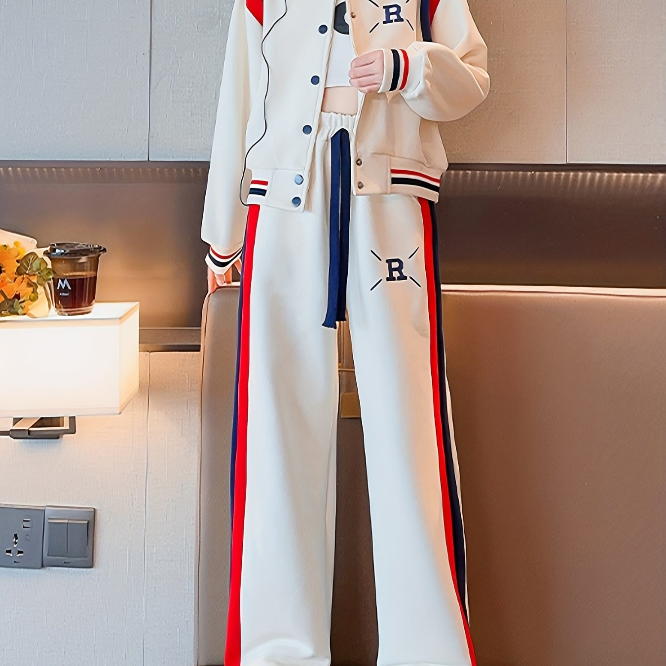 Girl's Sporty Style Outfit 2pcs, Color Clash Varsity Jacket & Wide Leg Pants Set, Kid's Clothes For Spring Fall