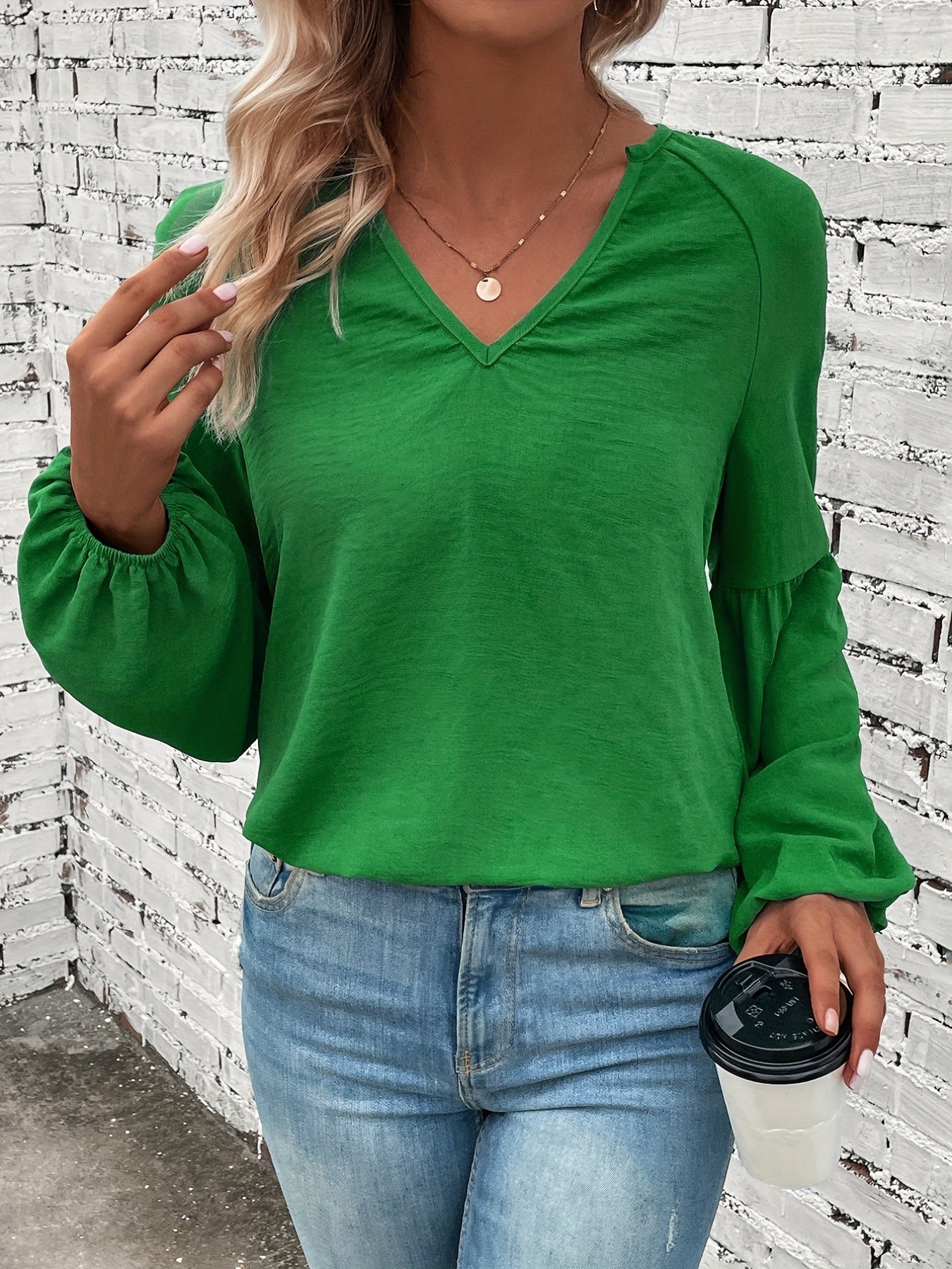 Solid Simple Blouse, Casual V Neck Lantern Long Sleeve Blouse, Women's Clothing