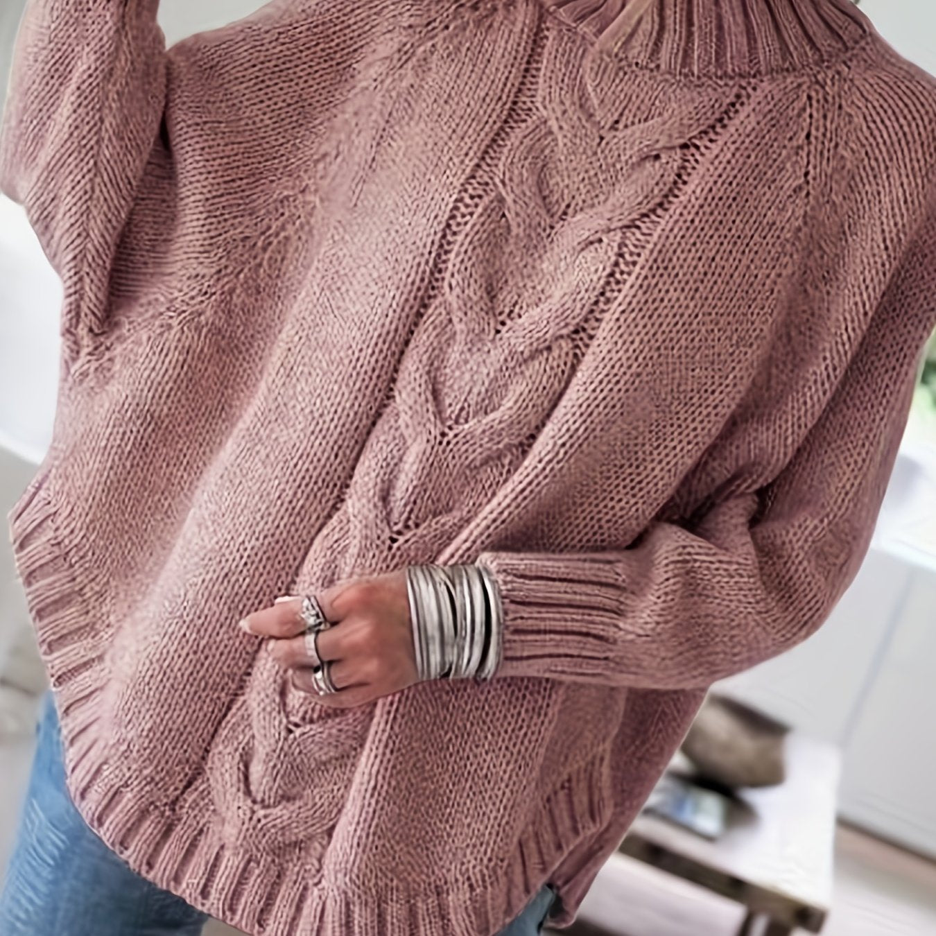 Cable Mock Neck Sweater, Vintage Batwing Sleeve Curved Hem Sweater, Women's Clothing