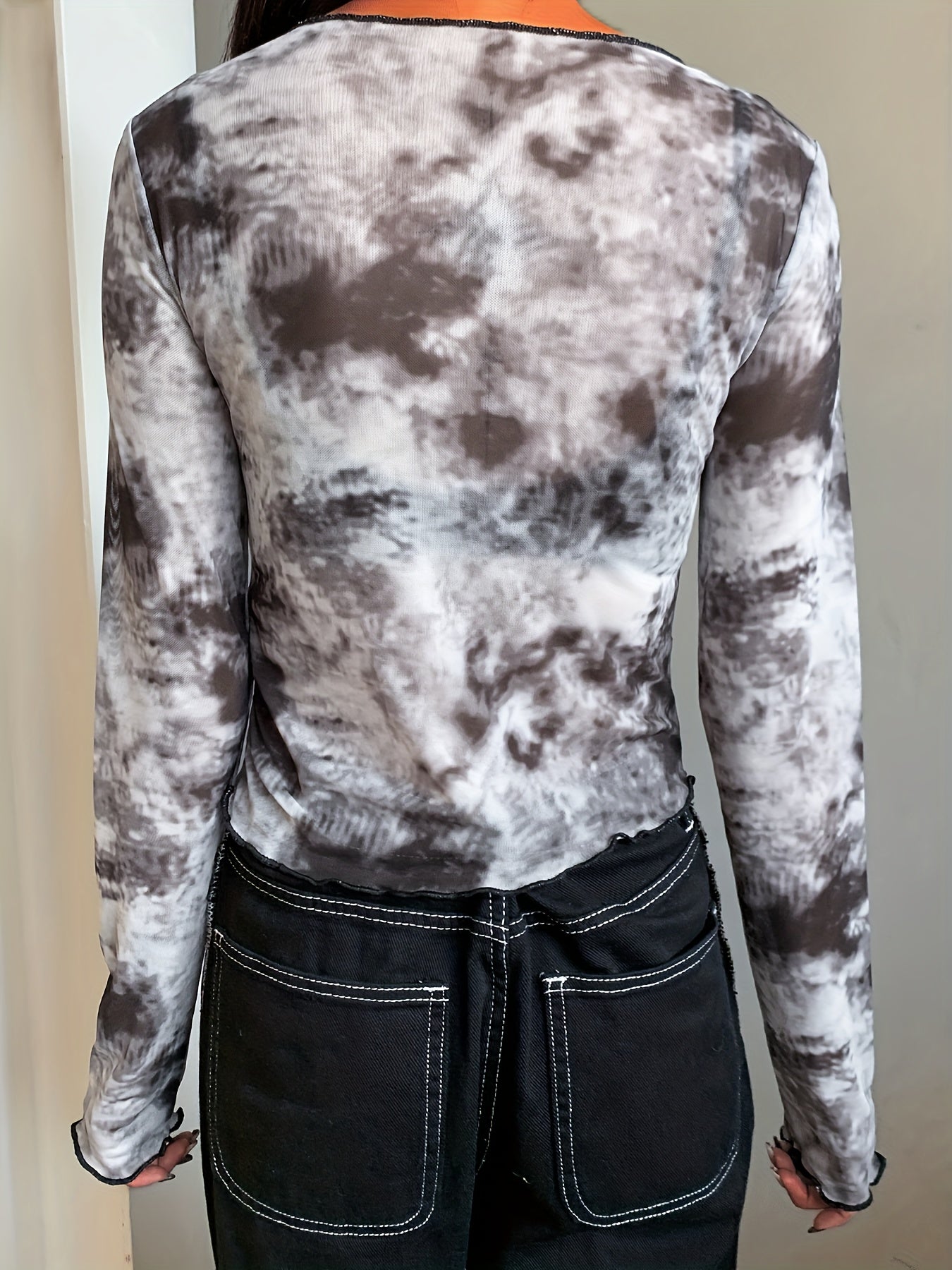 All Over Print Irregular Hem Mesh T-Shirt, Casual Long Sleeve Top For Spring & Summer, Women's Clothing