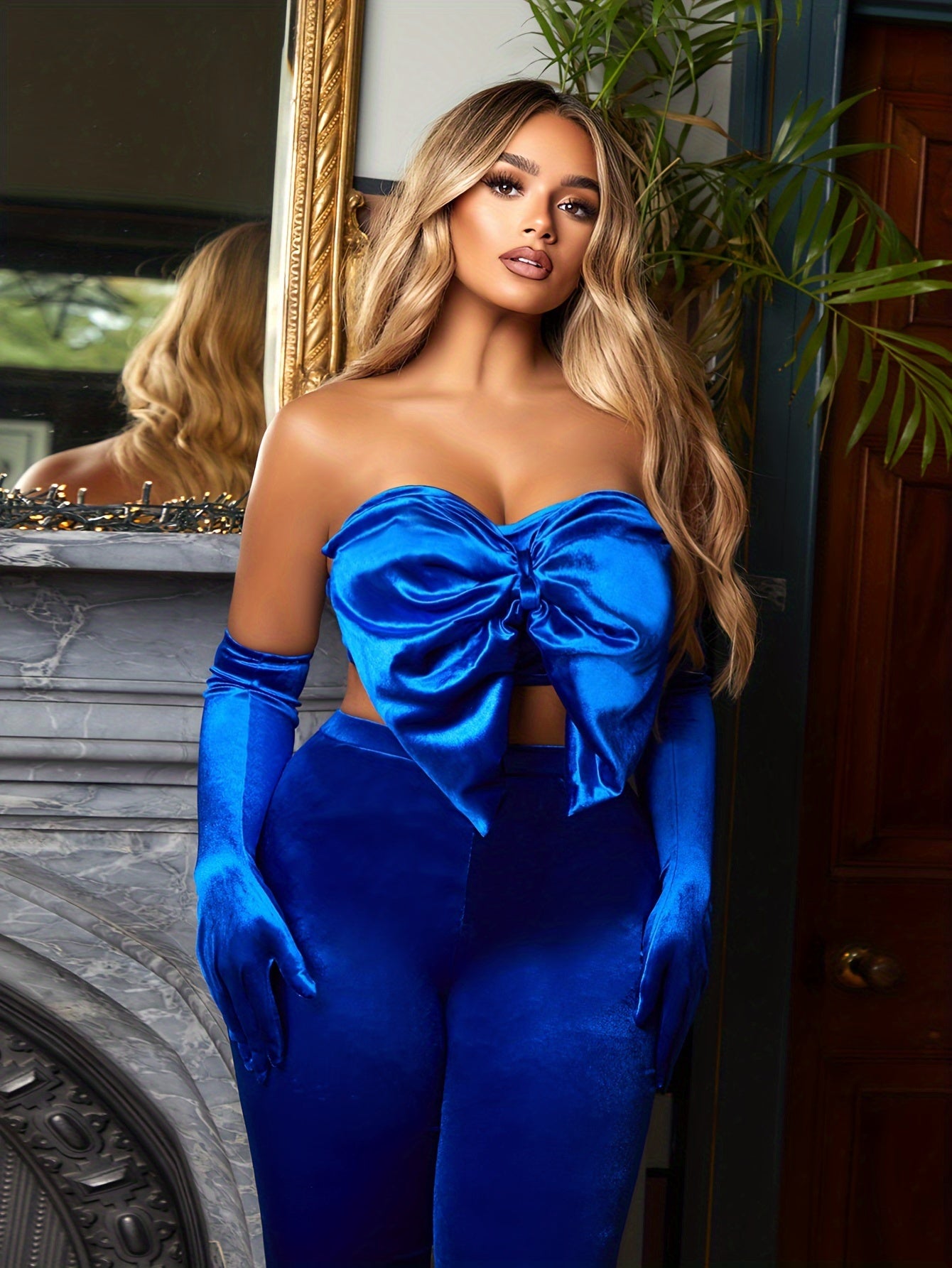 vlovelaw Elegant Two-piece Set, Big Bow Front Crop Tube Top & Slim Pants Outfits, Women's Clothing