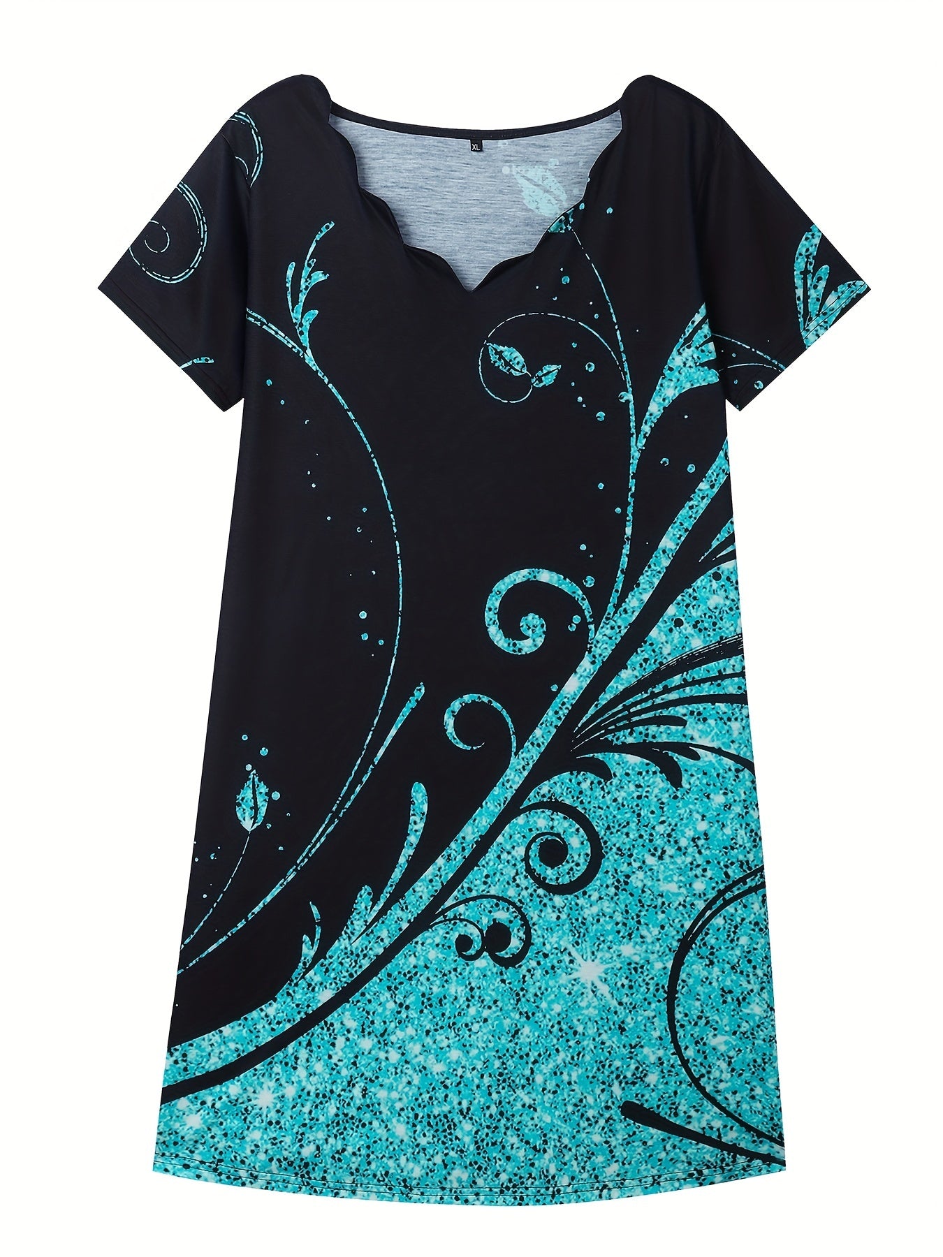 vlovelaw Plus Size Casual Dress, Women's Plus Glitter Baroque Print Short Sleeve V Neck Scallop Trim Slight Stretch Dress