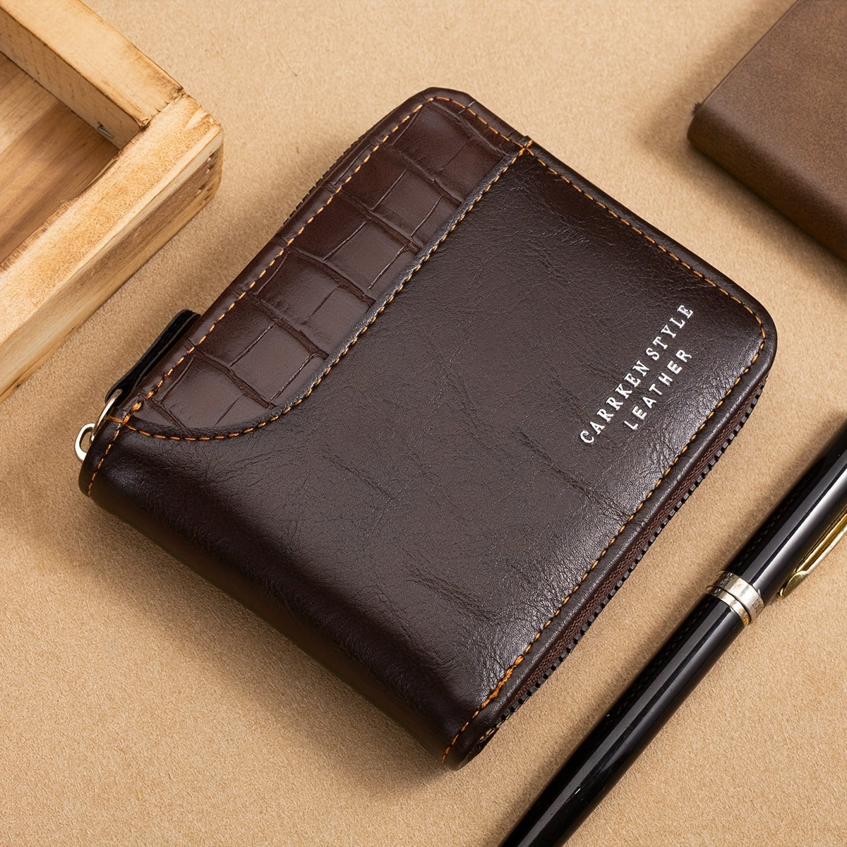 CarrKen Vintage-Inspired Solid Wallet: Secure Zip-Around Coin Holder, Textured Credit Card Organizer
