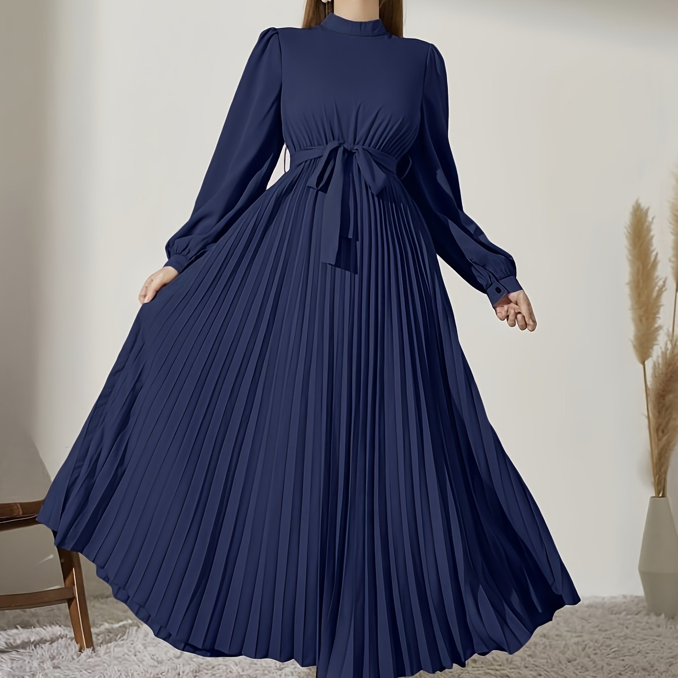 vlovelaw Solid Color Tie-waist Pleated Dress, Casual Mock Neck Dress For Spring & Fall, Women's Clothing