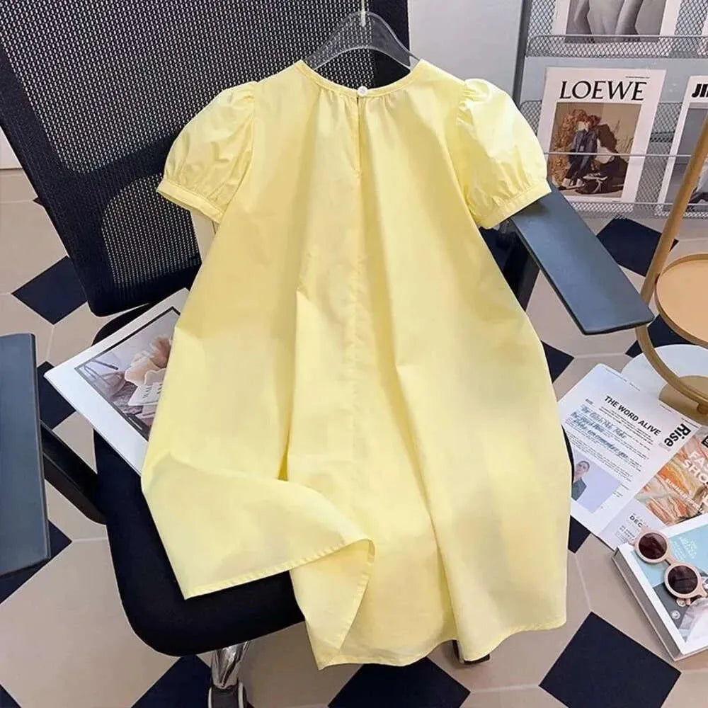 2-14 Years Summer Teen-agers Girls Solid Color Flower Decoration Party Dress For Kids Children Birthday Present L2405