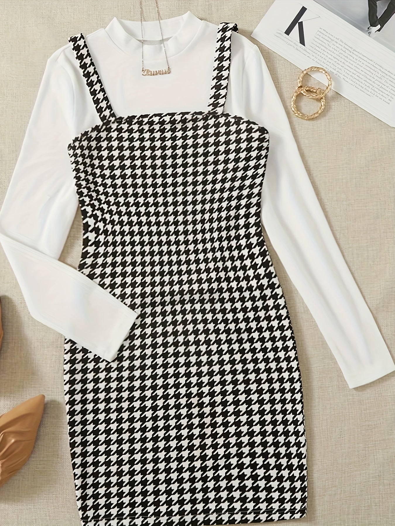 vlovelaw Simple Elegant Two-piece Set, Solid Long Sleeve Tops & Houndstooth Print Overall Dress Outfits, Women's Clothing