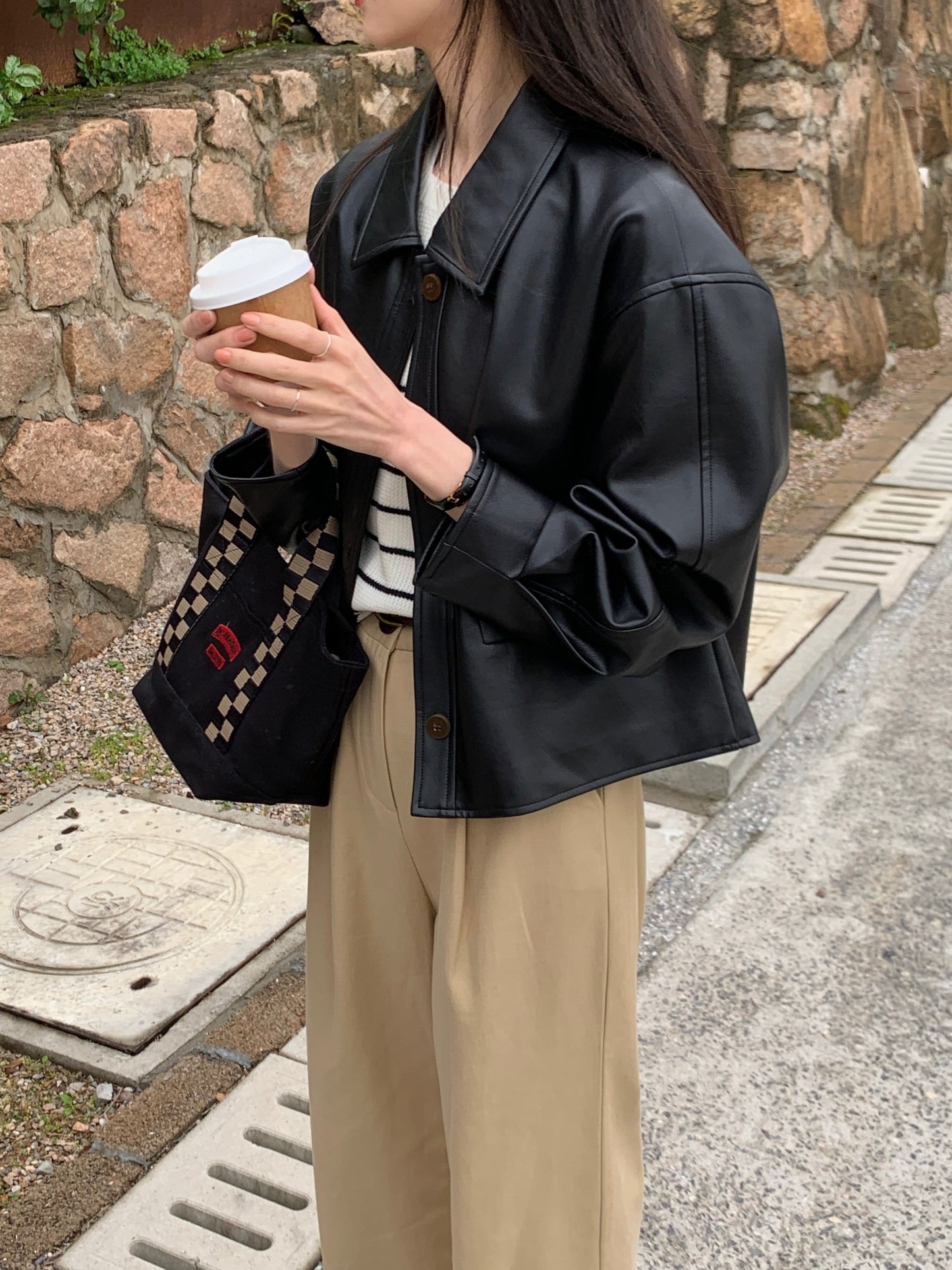 vlovelaw  Solid Cropped PU Jacket, Vintage Button Front Long Sleeve Outerwear, Women's Clothing