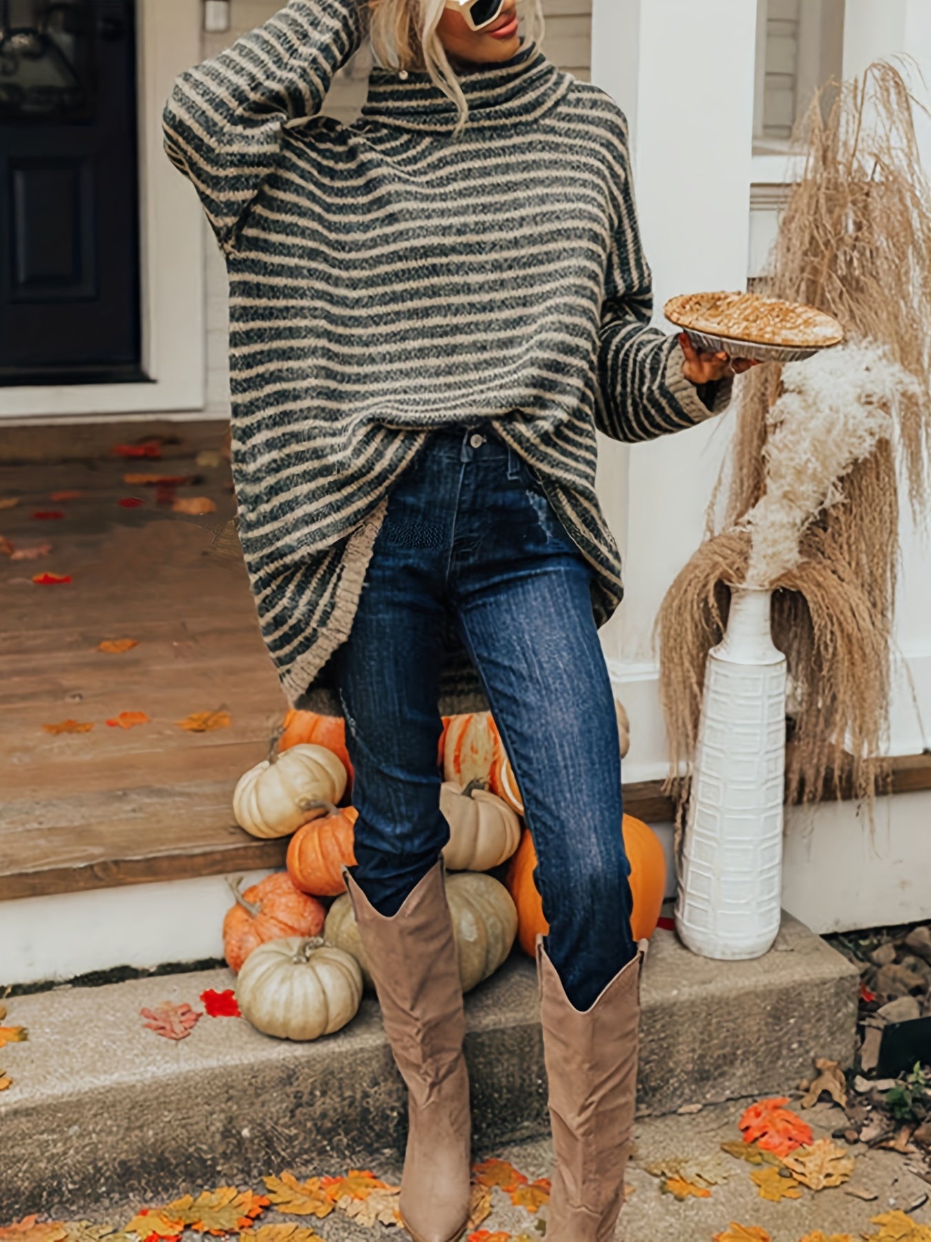 vlovelaw Plus Size Casual Sweater, Women's Plus Stripe Print Chimney Collar Long Sleeve Pullover Sweater