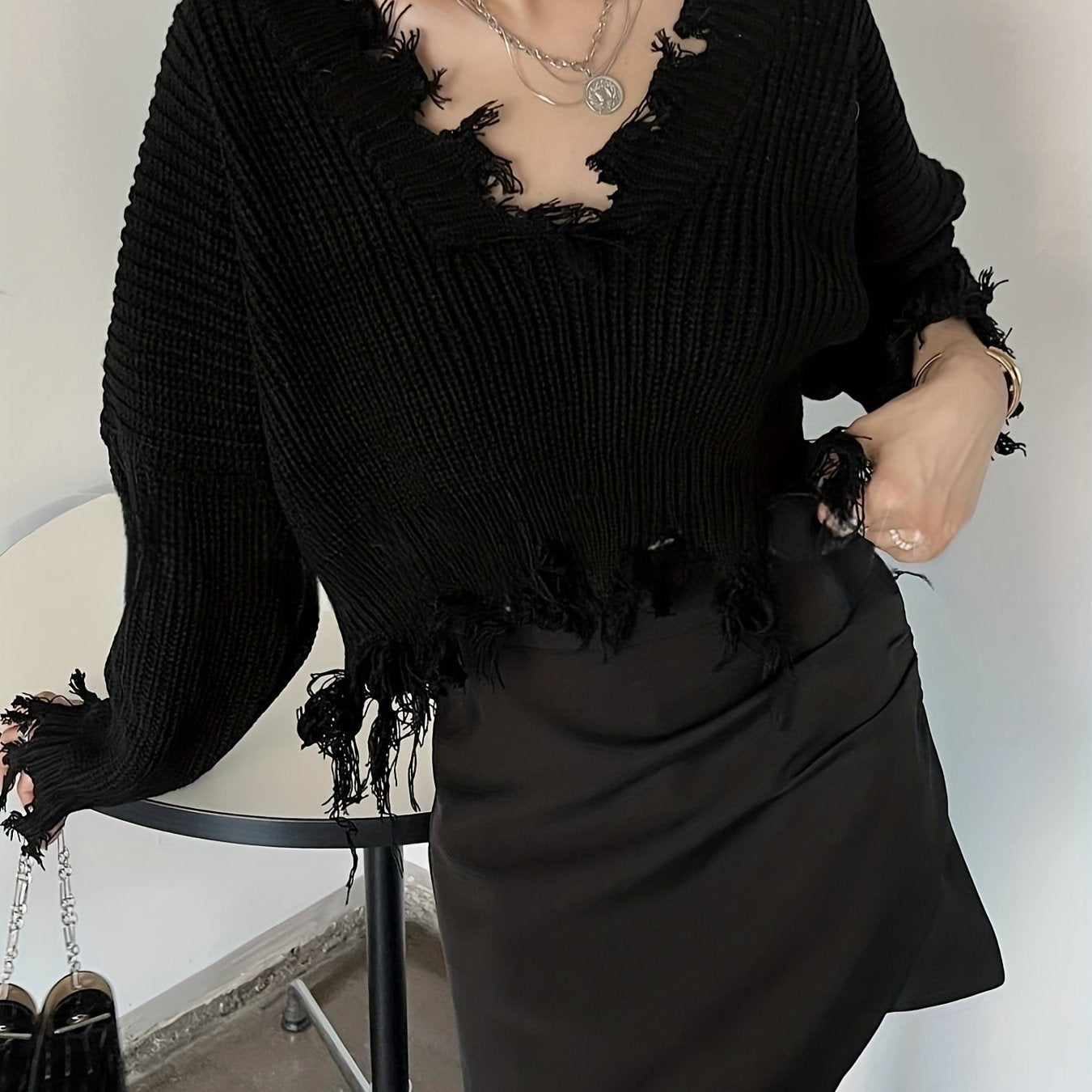 vlovelaw Vintage V Neck Ripped Knit Sweater, Elegant Long Sleeve Raw Hem Loose Sweater, Women's Clothing
