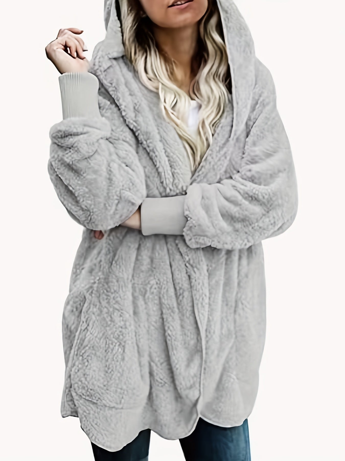 Solid Hooded Fuzzy Coat, Casual Long Sleeve Open Front Coat For Winter & Fall, Women's Clothing