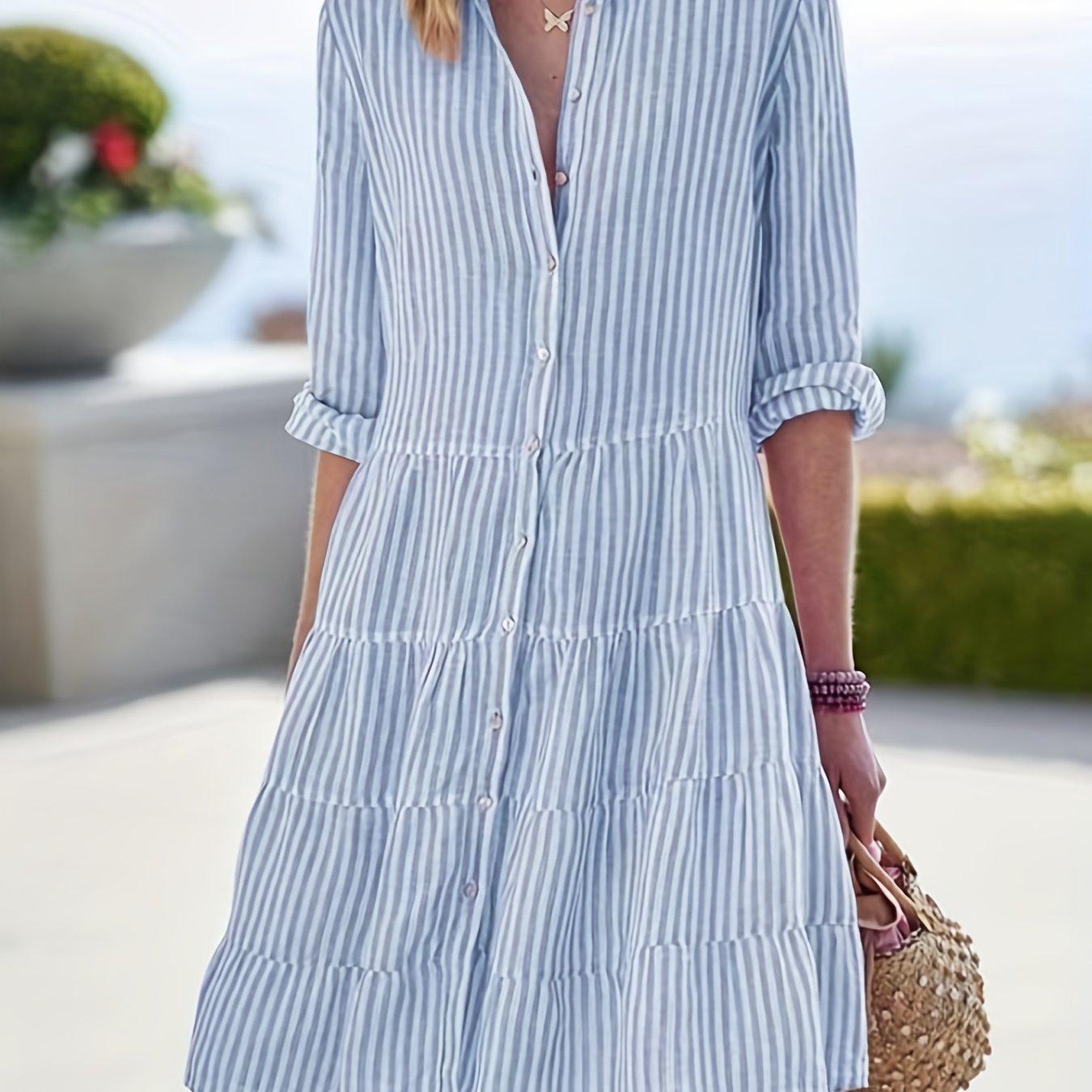 vlovelaw Striped Ruffle Layered Hem Shirt Dress, Casual Button Long Sleeve Tiered Dress, Women's Clothing