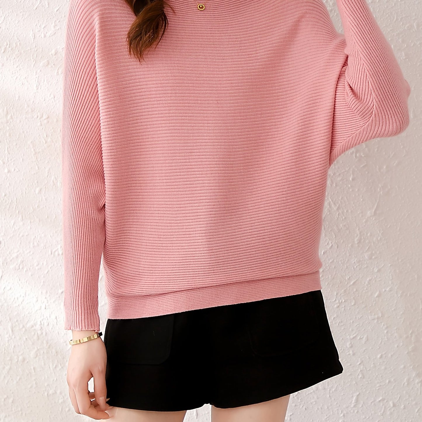 Solid Batwing Sleeve Knit Sweater, Casual Boat Neck Sweater For Spring & Fall, Women's Clothing