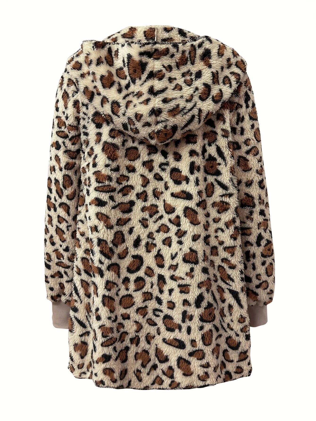 Leopard Pattern Hooded Jacket, Casual Open Front Long Sleeve Warm Outerwear, Women's Clothing