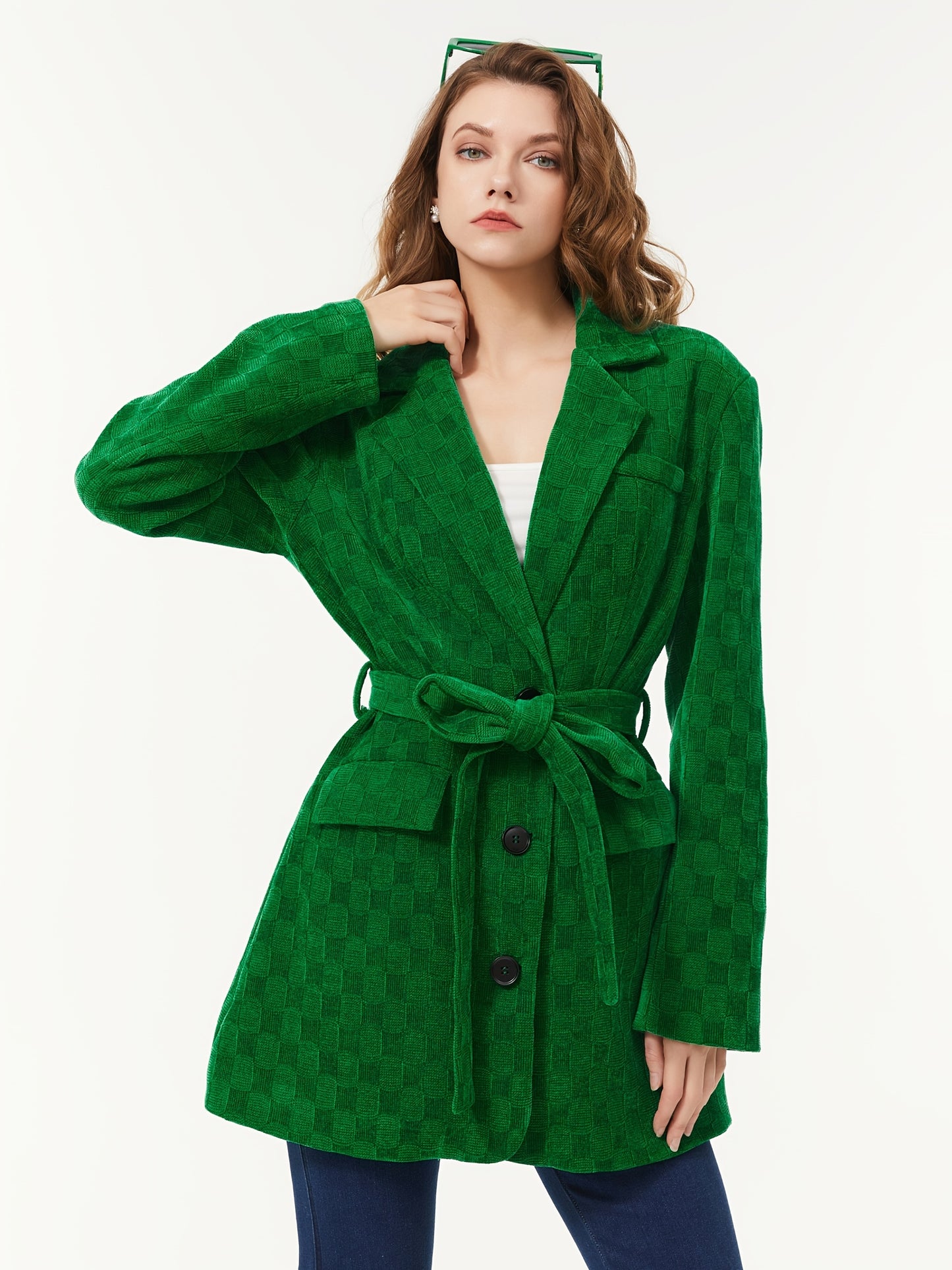 Solid Button Down Belted Blazer, Casual Long Sleeve Lapel Blazer For Fall & Winter, Women's Clothing