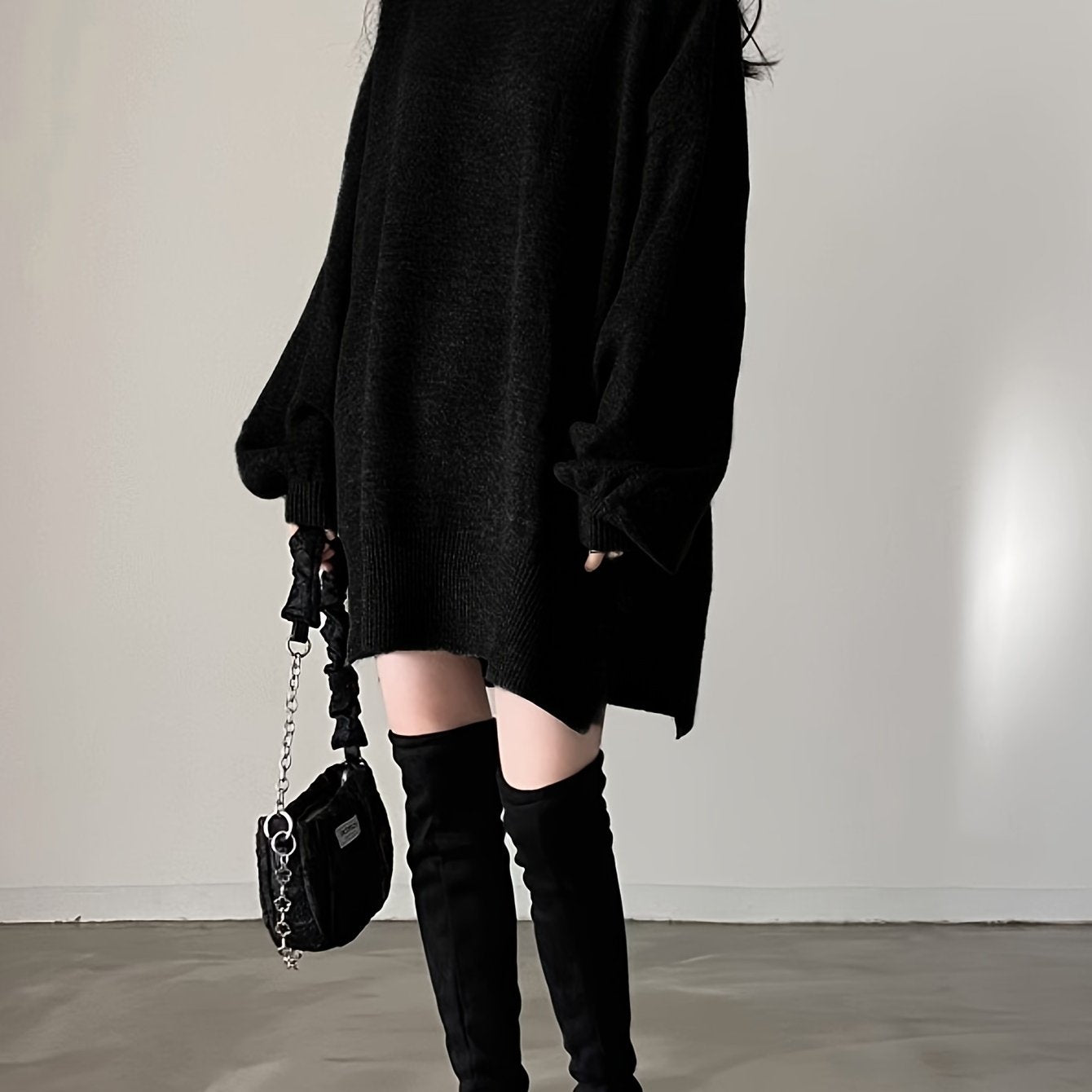 vlovelaw Solid Turtle Neck Oversized Sweater, Casual Long Sleeve Split Sweater, Women's Clothing