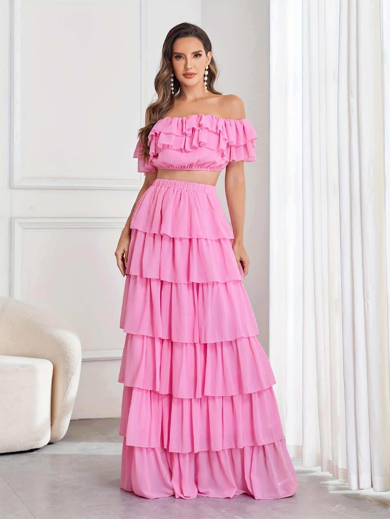 vlovelaw Elegant Two-piece Set, Off Shoulder Ruffle Trim Crop Top & Layer Hem Skirt Outfits, Women's Clothing