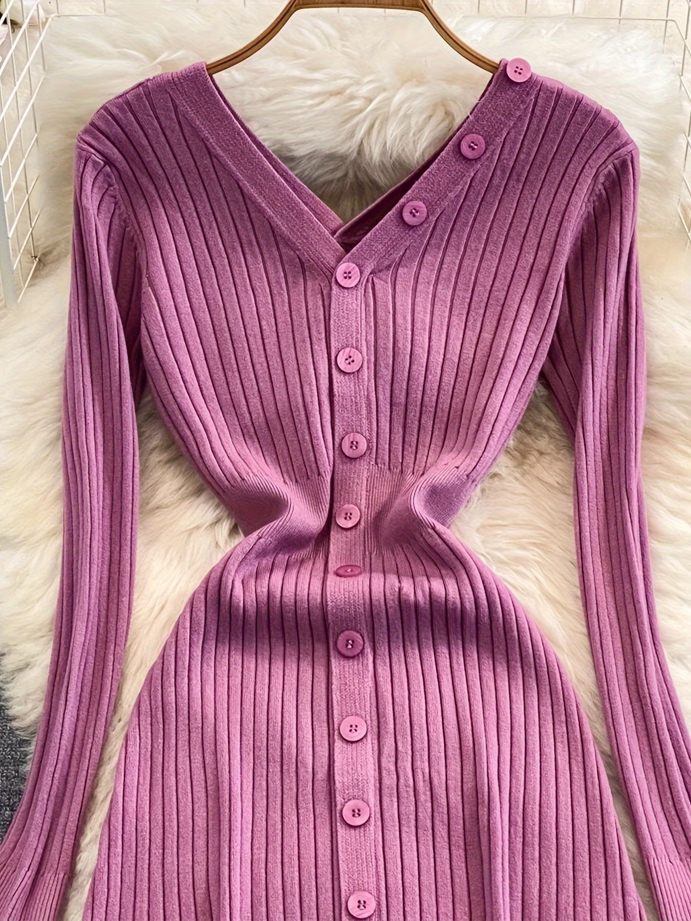 vlovelaw Button Front Ruffle Hem Dress, Chic Long Sleeve V Neck Ribbed Dress, Women's Clothing