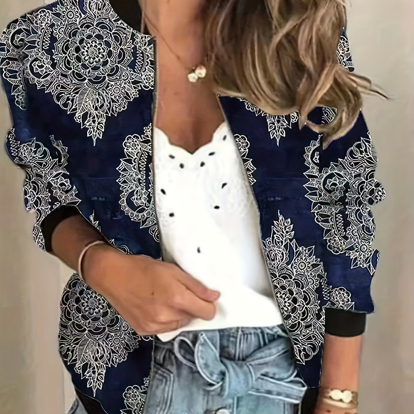 vlovelaw Graphic Print Zipper Jacket, Casual Baseball Neck Long Sleeve Outerwear, Women's Clothing