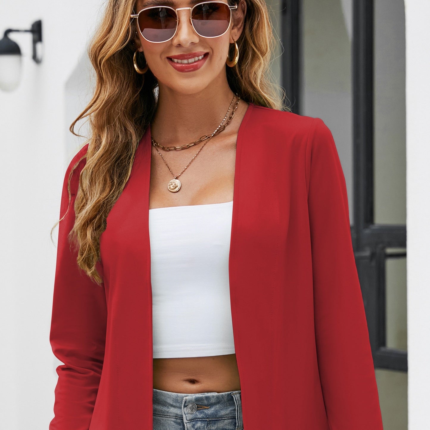 Solid Open Front Blazer, Casual Long Sleeve Work Office Outerwear, Women's Clothing