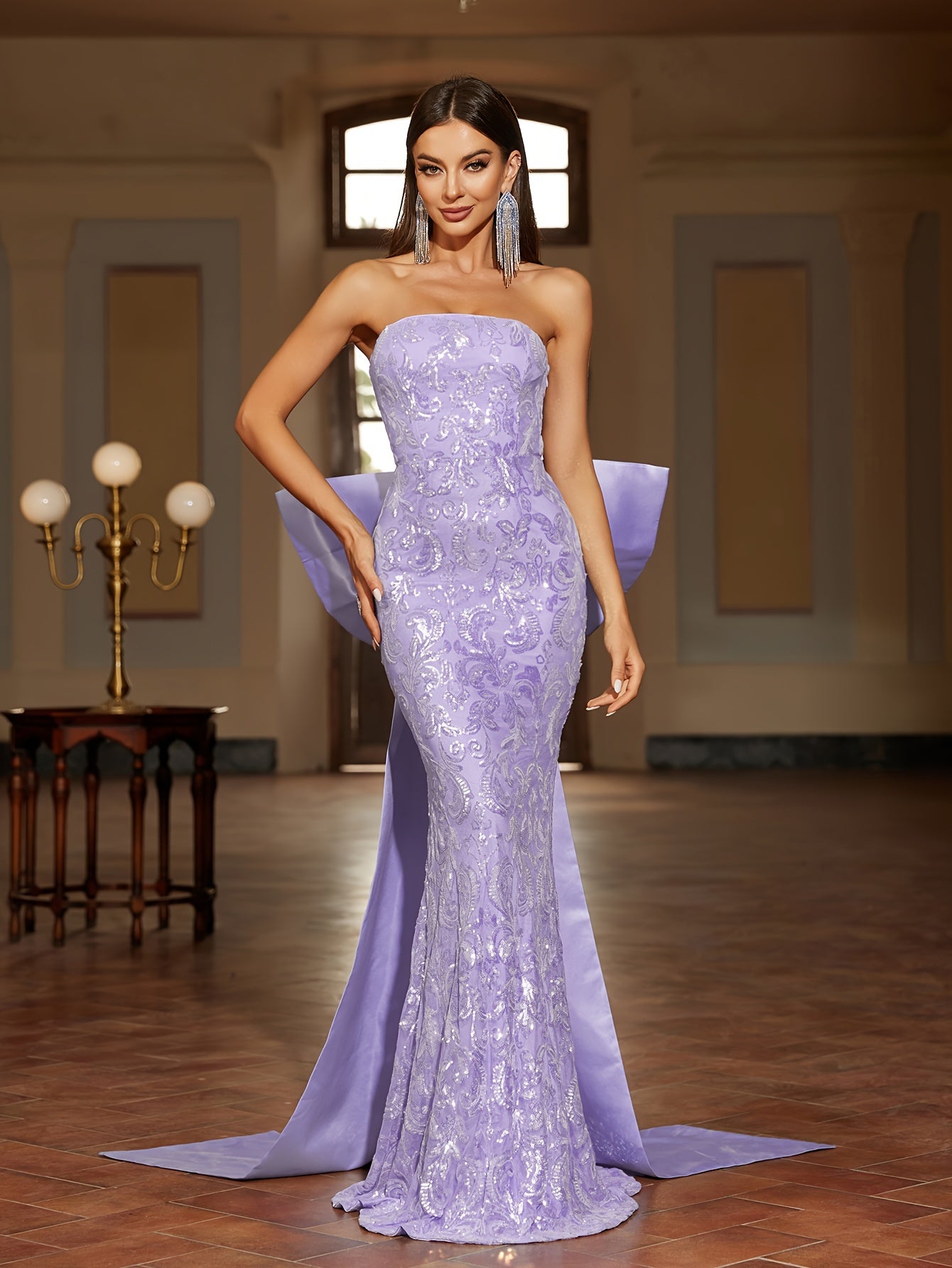 vlovelaw Elegant Bow Back Sequined Tube Dress, Sleeveless Backless Mermaid Hem Floor Length Dress For Party & Banquet, Women's Clothing